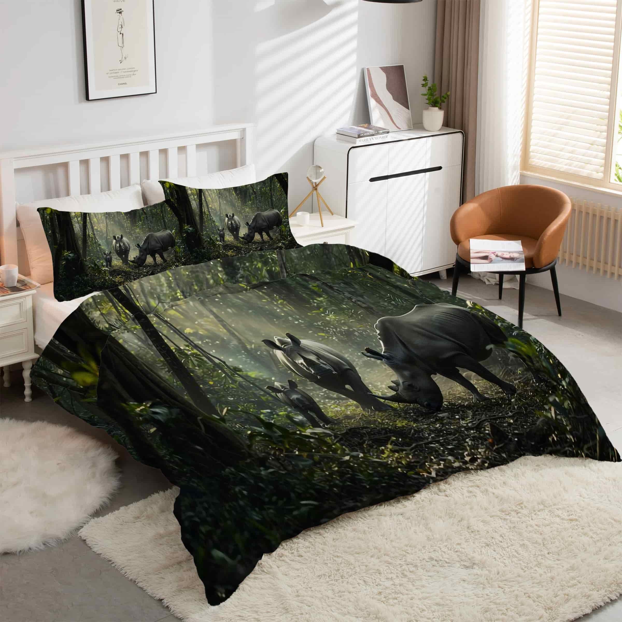 Housse de couette rhinocéros blanc 90x190 pour transformer la chambre en un safari paisible