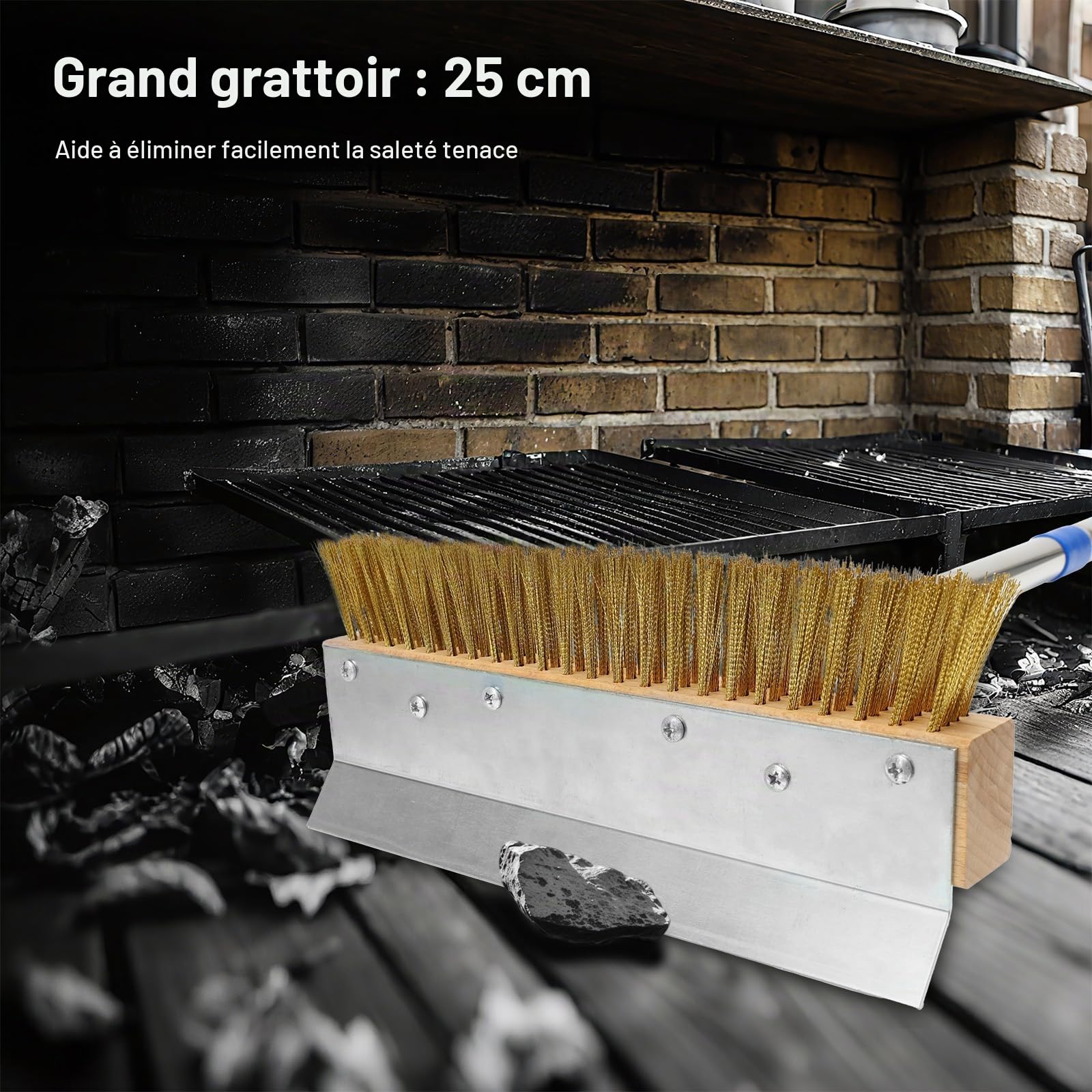 Brosse de Four à Pizza avec grattoir en Acier et Brosse en Laiton, pour Nettoyer Les Pierres à Pizza Chaudes, Longue poignée de 153 cm, Accessoires pour Four à Pizza, Ustensiles de Grill