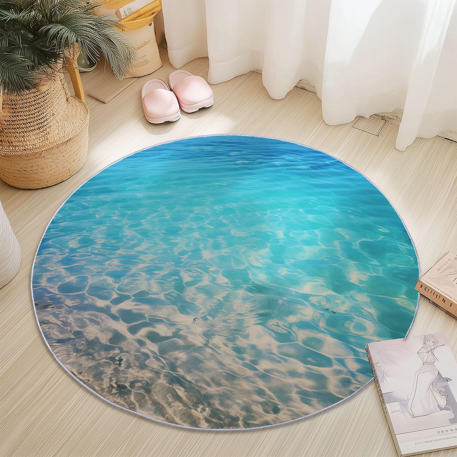 Generico Tappeto Rotondo Salotto Costiero Spiaggia Mare Tema, 120 cm Tappeto Camera da Letto Rotondo Grande Pelo Corto, Antiscivolo Tappeti Rotondi per Bambini Camera, Azzurro