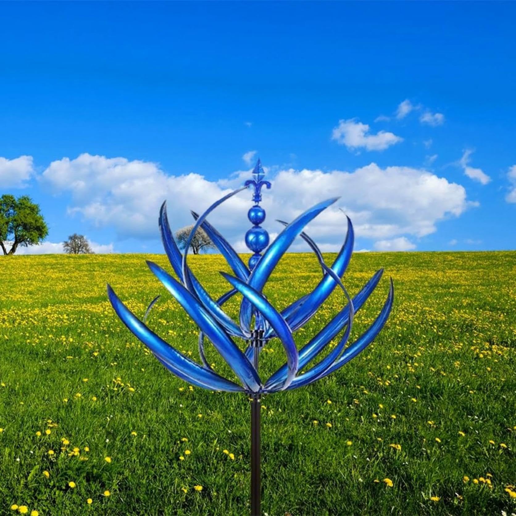Girandola a vento a 360°, girandole da giardino, in metallo, con paletto da giardino, decorazione artistica per patio, prato e giardino (blu)