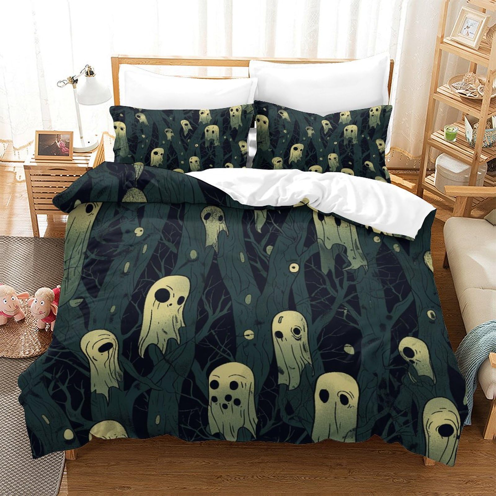 P1S9U7W5Y Spooky Ghost 3D Printed Duvet Cover Set 3pcs Microfiber Haunted Spirit Bedding Set Super king（260x220cm）