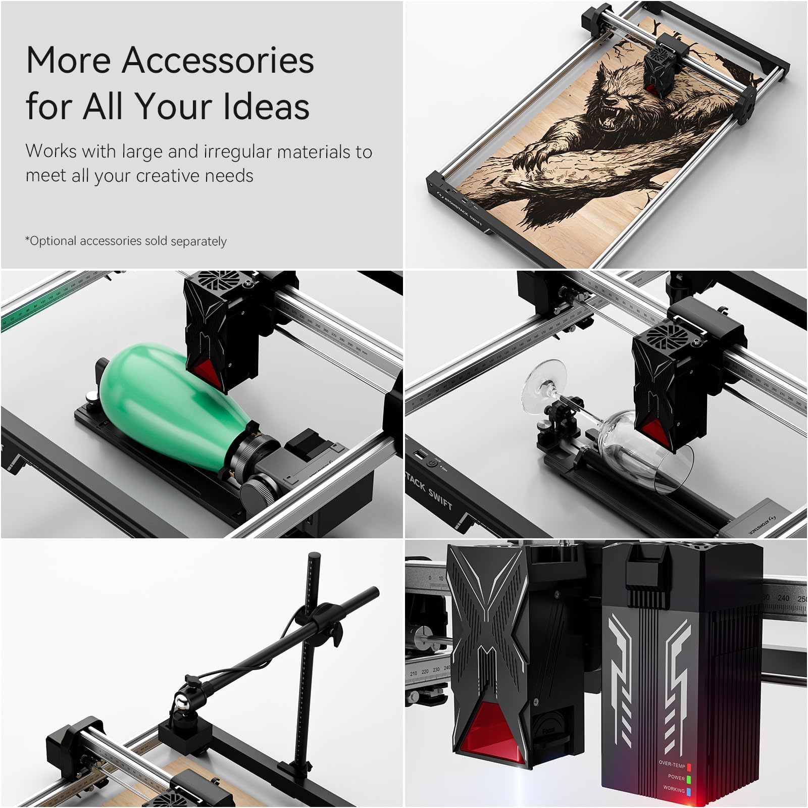 ATOMSTACK Mini machine de gravure laser Swift 7W et cutter, haute précision 0,06 mm, avec rouleau rotatif R8, idéal pour graver du bois, du métal, de l'acrylique foncé, du verre, du cuir, des