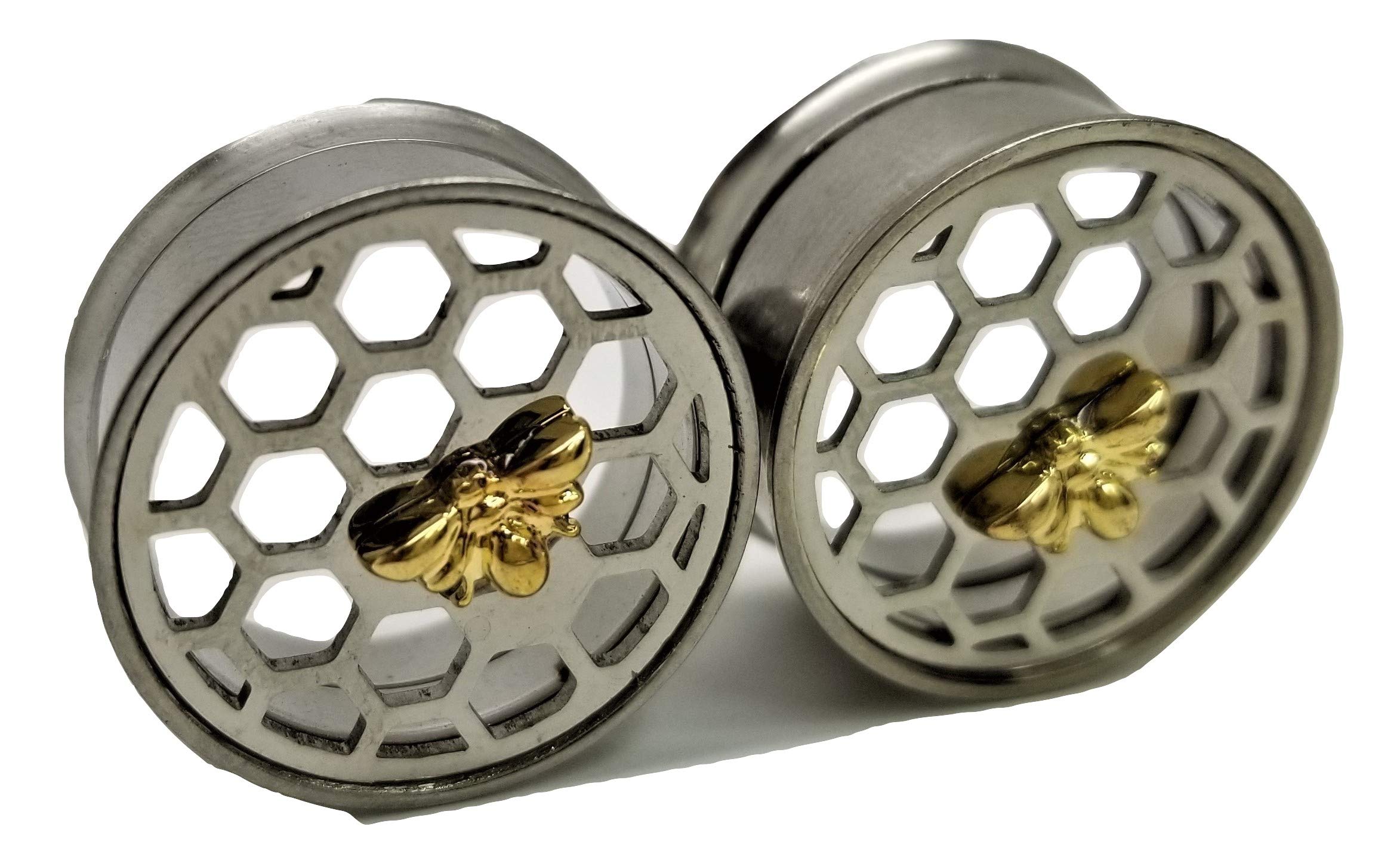 Pierced Republic Honeycomb & Bee Ear Plugs - Stainless Steel Screw-On Ear Plugs - 7 Sizes - Pair - New!