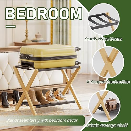 Miniatura 7 de Portaequipajes, soporte plegable para maleta con estante de almacenamiento, soporte de equipaje de bambú de alta calidad para habitación de