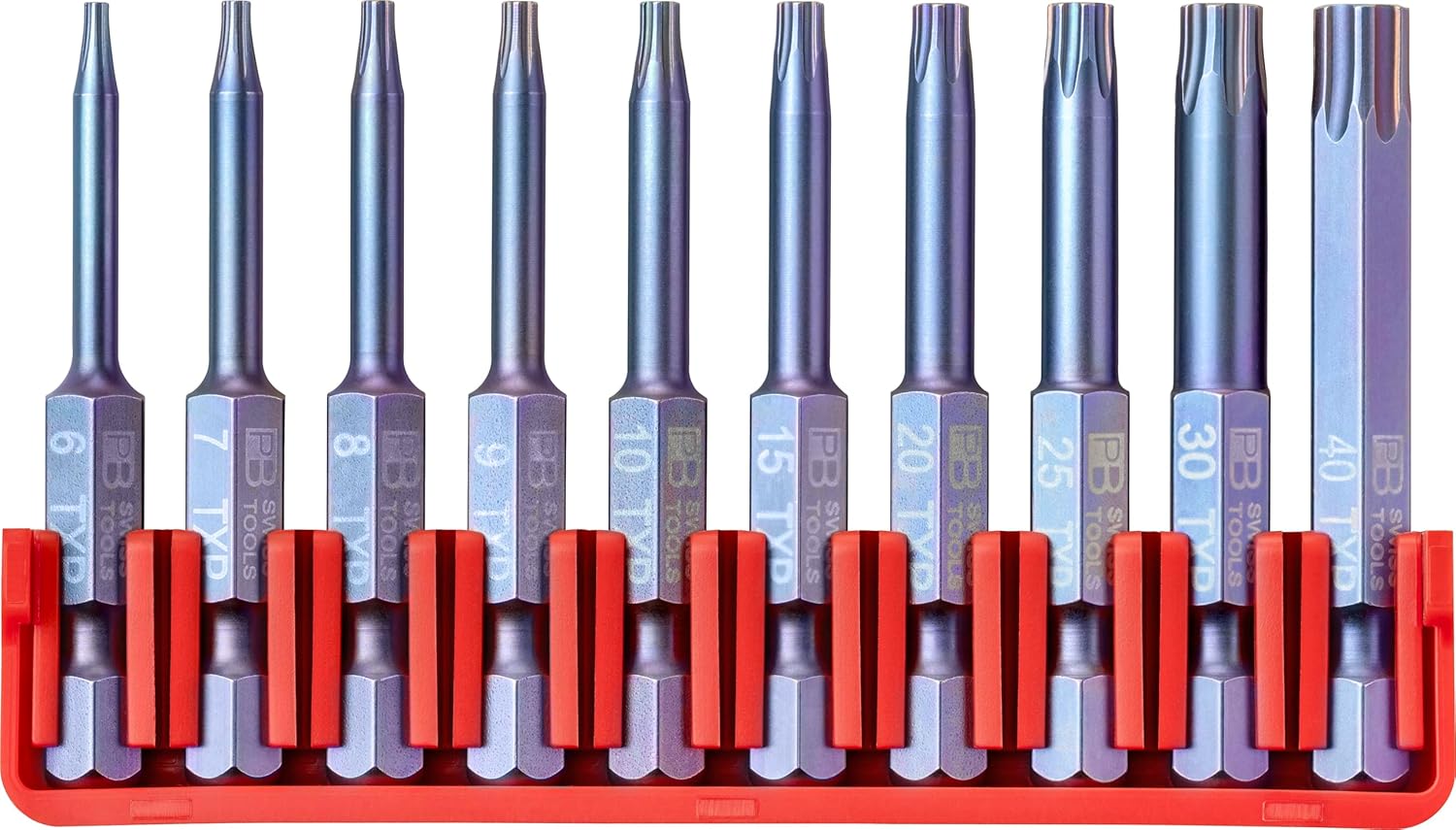 PB Swiss Tools Torx Plus Bit Block PB E6.716 CN | 100% Swiss Made | 10-Piece Bit Set with 10 Long E6 1/4" PrecisionBits Sized T6-T40