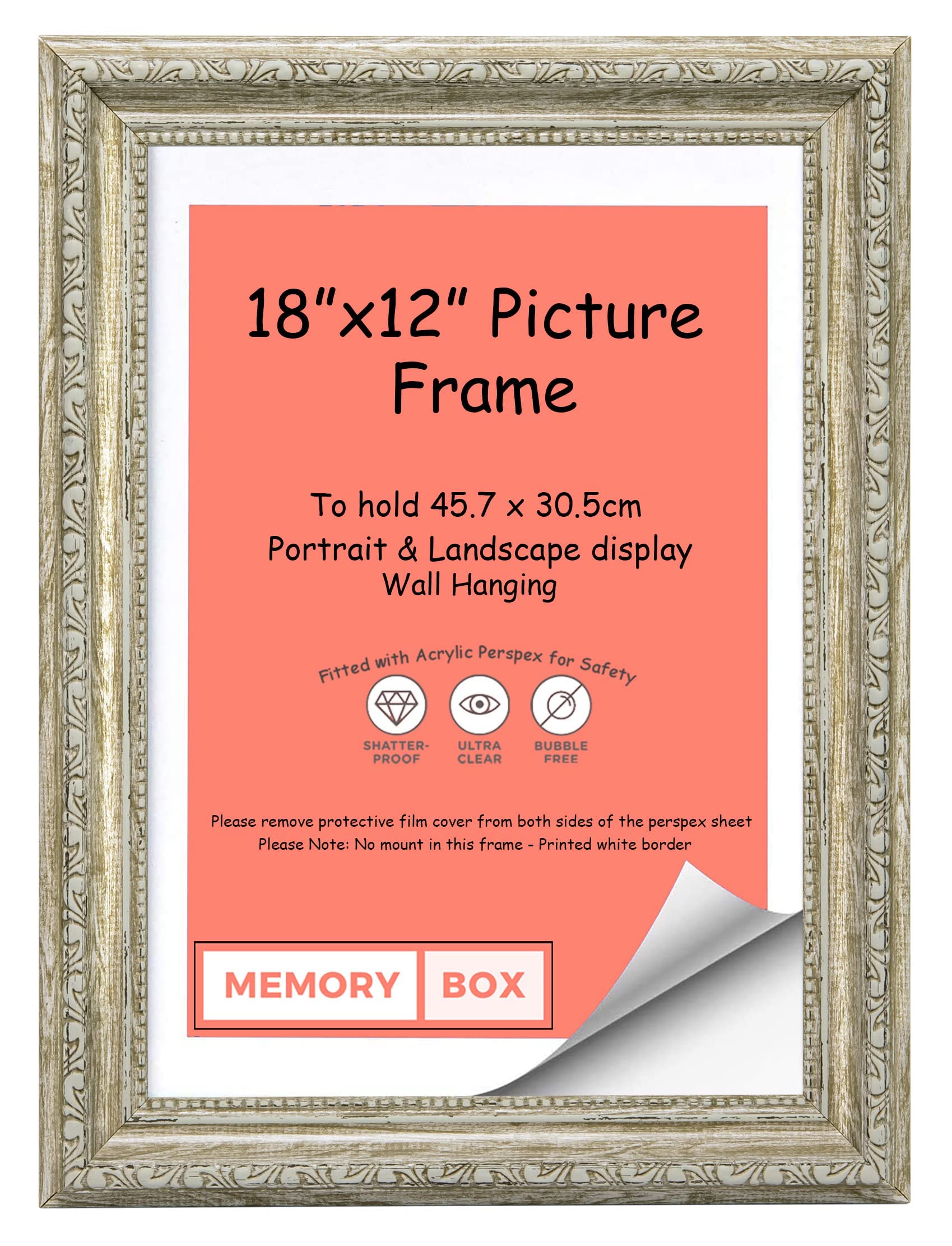 Memory Box Ornate Shabby Chic Picture/Photo/Poster frame with Perspex Sheet - (45.7 x 30.5cm) Walnut 18" x 12"