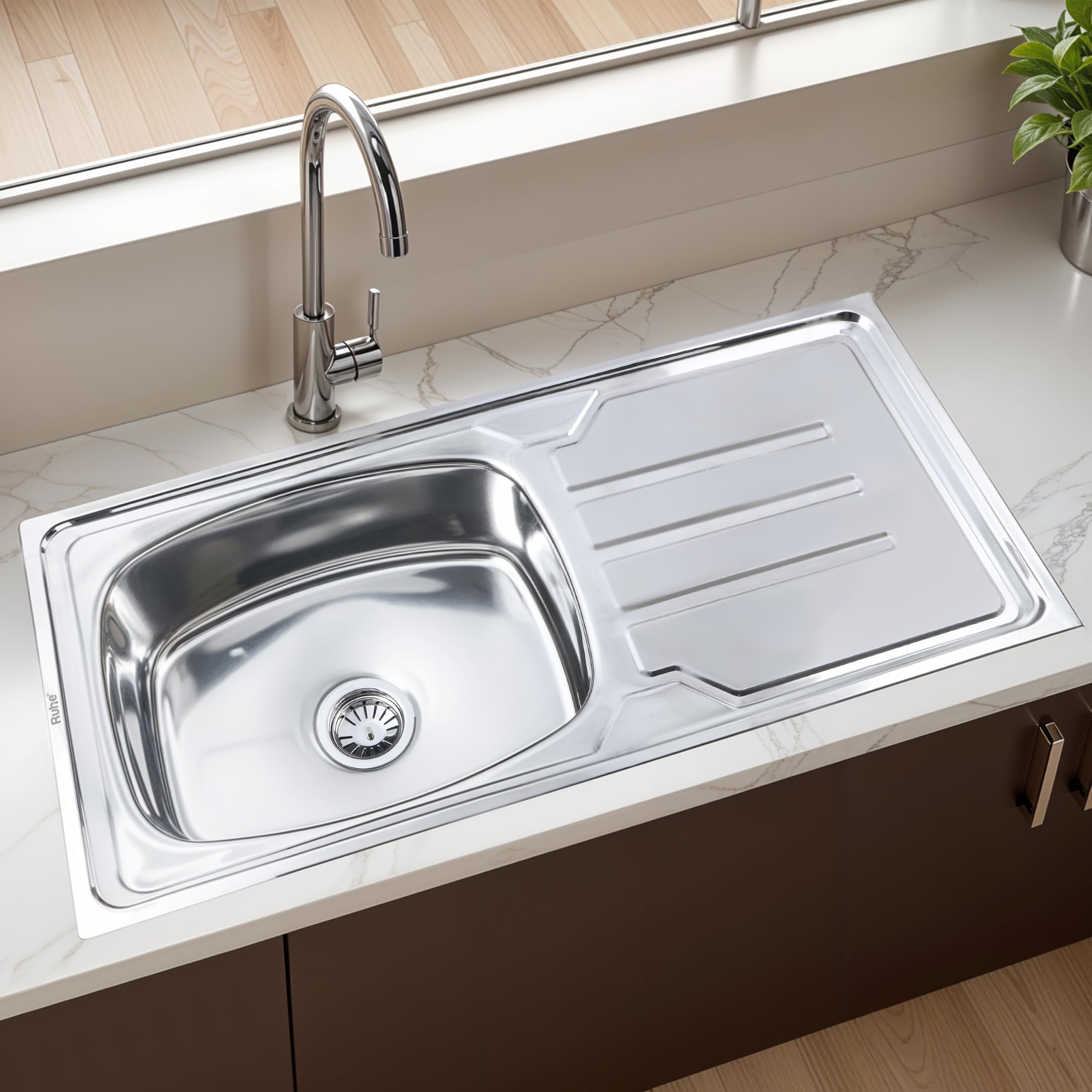 Ruhe Oval Stainless Steel Kitchen Sink with Drainboard -13