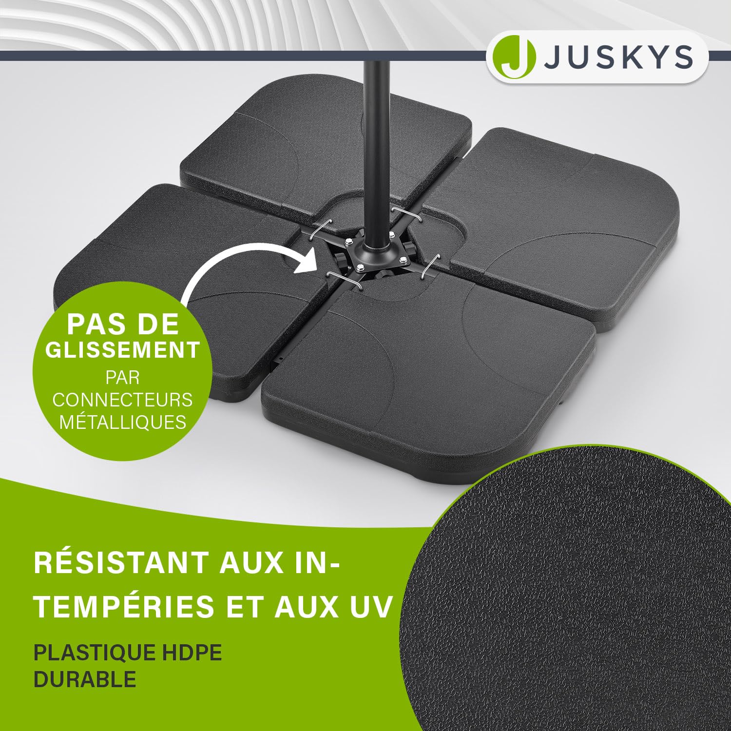Juskys Poids de lestage pour parasol Quad, ensemble de 4 poids - pouvant être remplis avec 60 litres d'eau ou 80 kg de sable - en plastique HDPE (polyéthylène de haute densité) pied de parasol