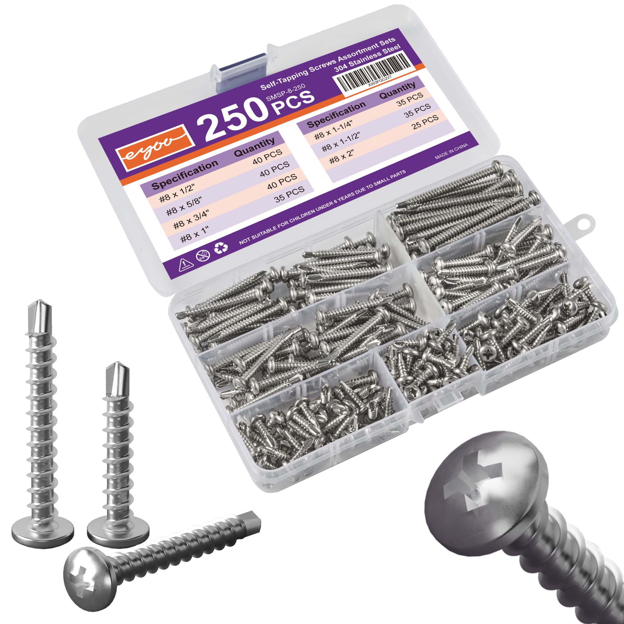 eyoo 250PCS #8 x 1/2'',#8 x 5/8'',#8 x 3/4'',#8 x 1'',#8 x 1-1/2'',#8x2" 304 Stainless Steel pan Head Sheet Metal Screws self-Drilling Sheet Metal Screws, Includes 7 Most Common Sizes