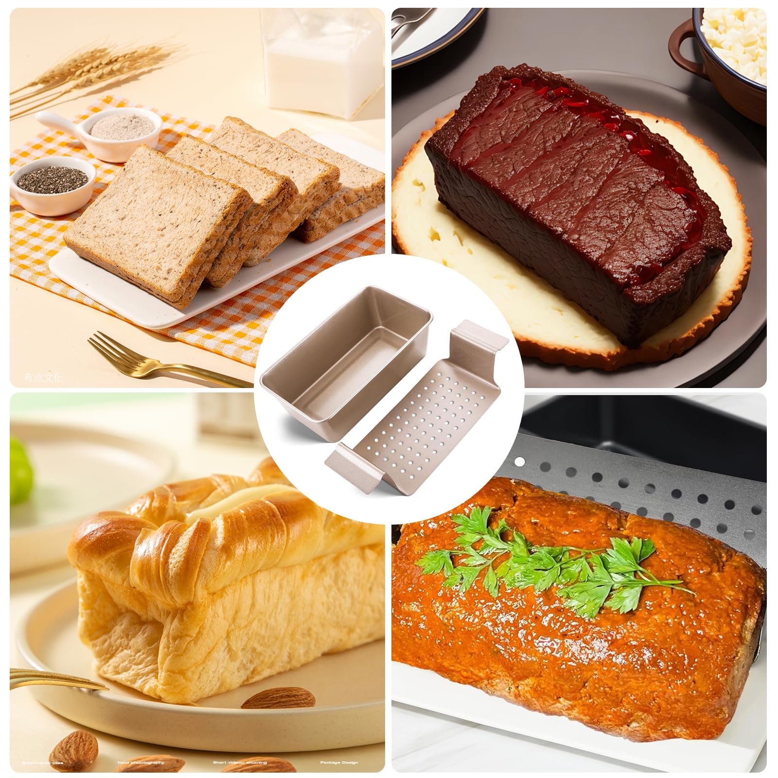 Generisch Stampo per pane 2 in 1 con griglia di scarico, rettangolare, può essere utilizzato per cuocere torte di carne, pane (oro)