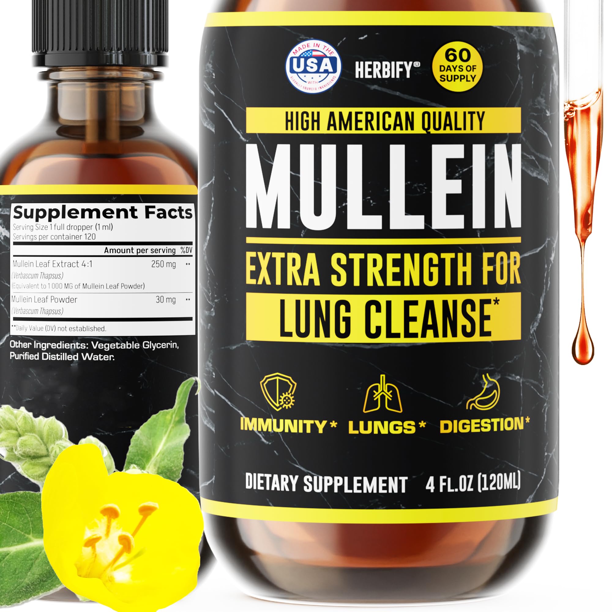 Mullein Drops - Lung Cleanse - Mullein Leaf Extract - Powerful Mullein for Immune Support - Mullein Extract for Lung Detox and Respiratory Support - Made in the USA - Herbal Supplements - 4 oz