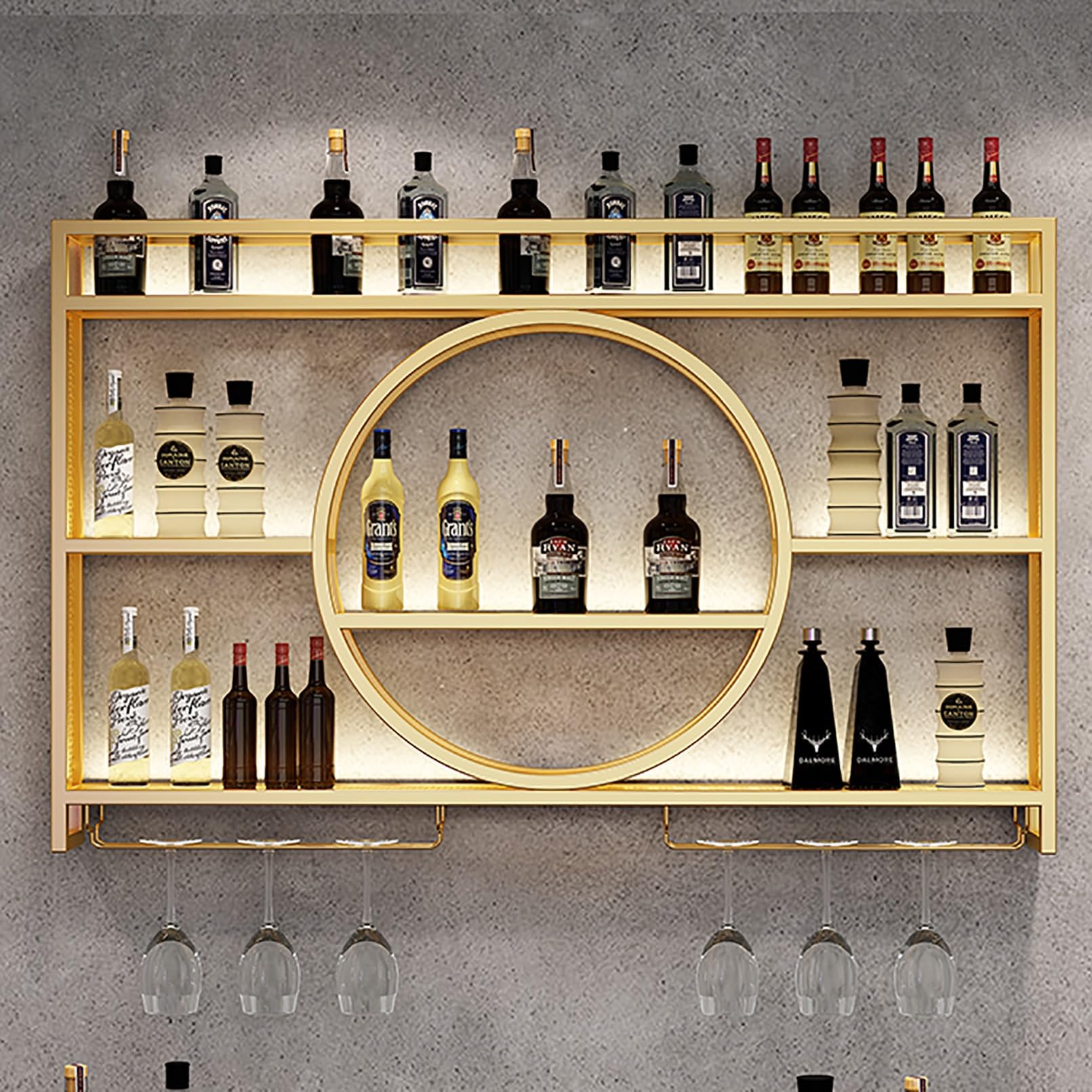 Estante de Vino Montado en la Pared Con Luz LED - Unidad de Barra Flotante Para Exhibición de Botellas de Licor - Almacenamiento Multifuncional Con Soporte Para Copas