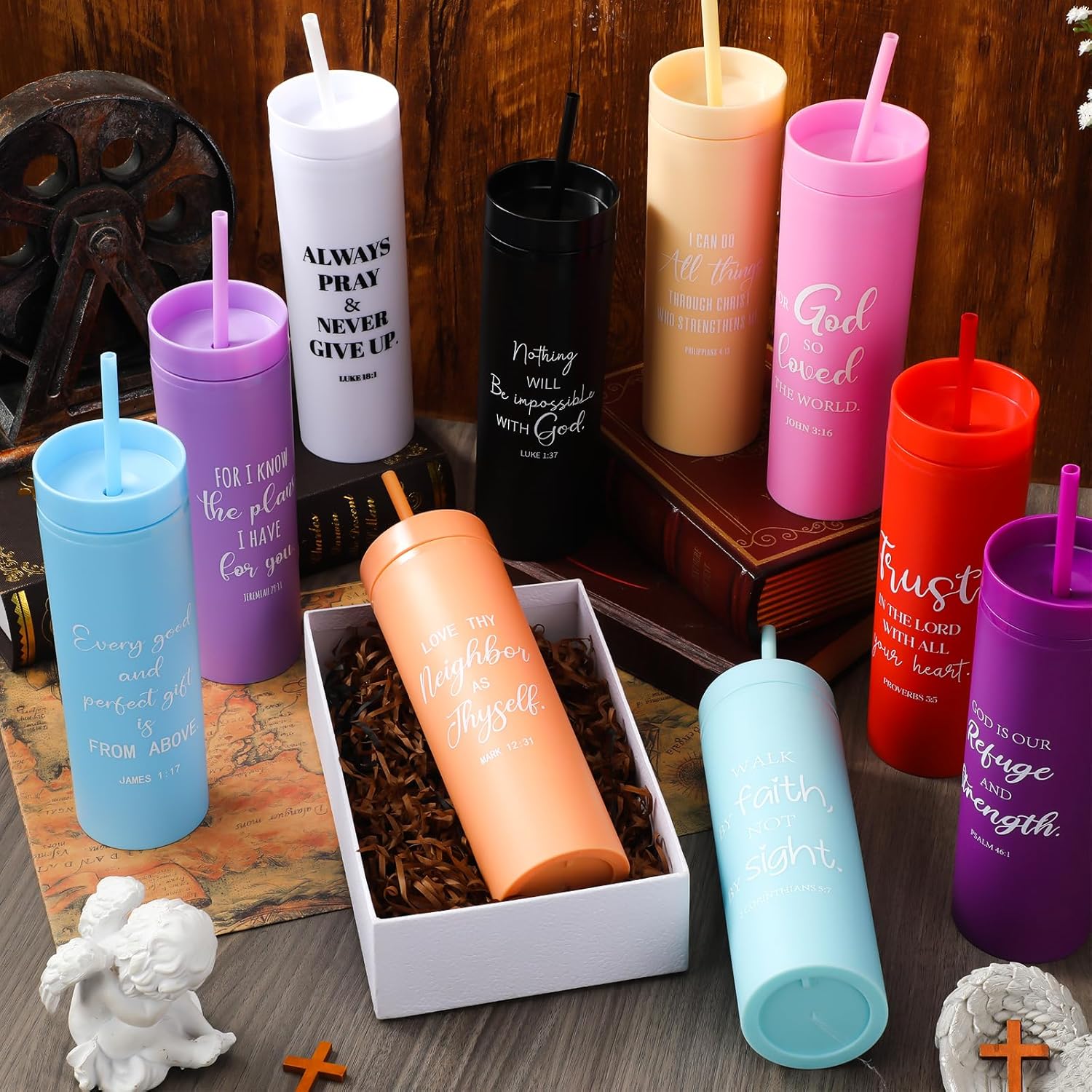 20 Pcs Christian Tumblers Bulk for Women Bible Verse Tumbler Bulk Plastic 16 oz Inspirational Religious Water Bottle with Lid and Straw for Church Women Men (Colorful) - Image 7
