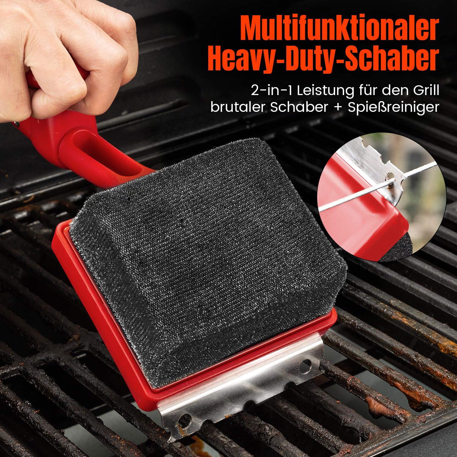 Grillbürste ohne Metallborsten, ANJUKE 4-in-1 Sichere Dampf-Grillbürste für Gussrost mit Edelstahl Spatel und Austauschbar Grillbürstenkopf, für Gasgrill, Holzkohlegrill, Kugelgrill（Rot）