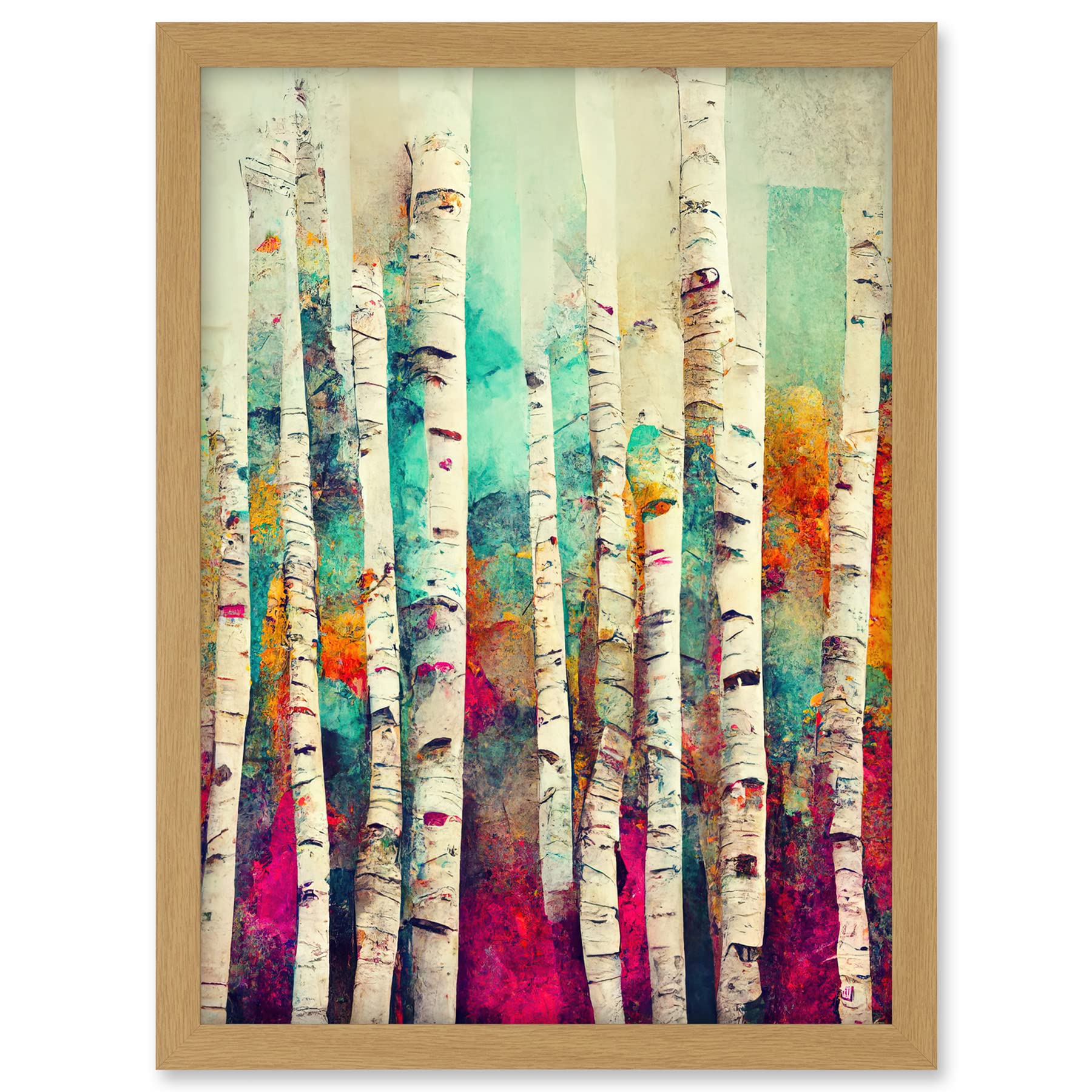 Wee Blue Coo Abstract Multi Coloured Birch Tree Forest Vibrant Colourful Oil Painting Artwork Framed A3 Wall Art Print