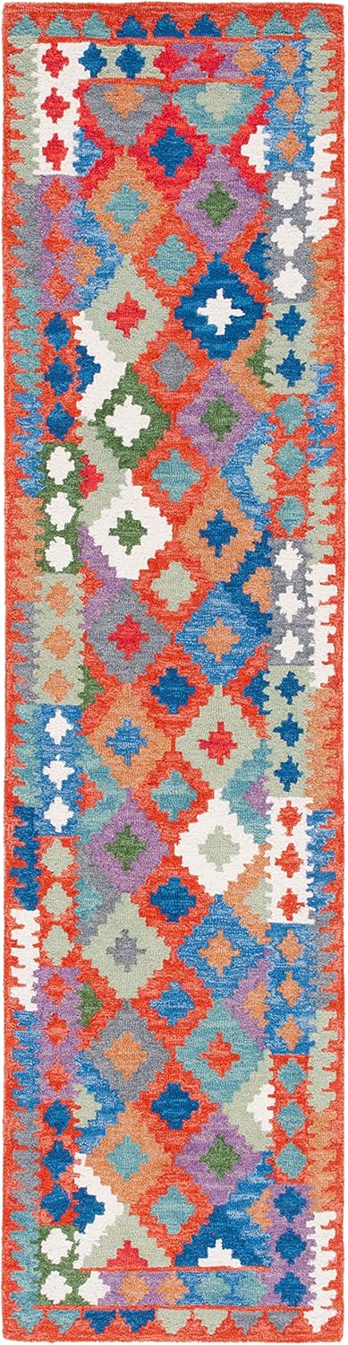 SAFAVIEH Aspen Collection Runner Rug - 2'3" x 9', Orange & Blue, Handmade Boho Diamond Wool, Ideal for High Traffic Areas in Living Room, Bedroom (APN416P)