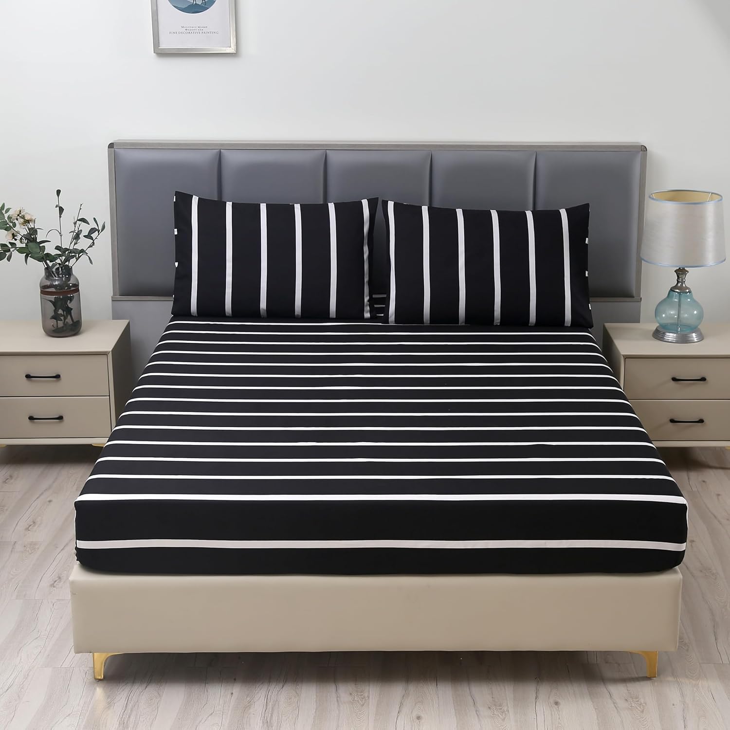 MAG 3pcs Striped Queen Bed Sheet,Black and White Pattern Microfiber Bedding Sheet Set,Hotel Quality Sheets with1 Fitted Sheet and 2 Pillowcases,14 Inches Deep (Black and White, Queen)