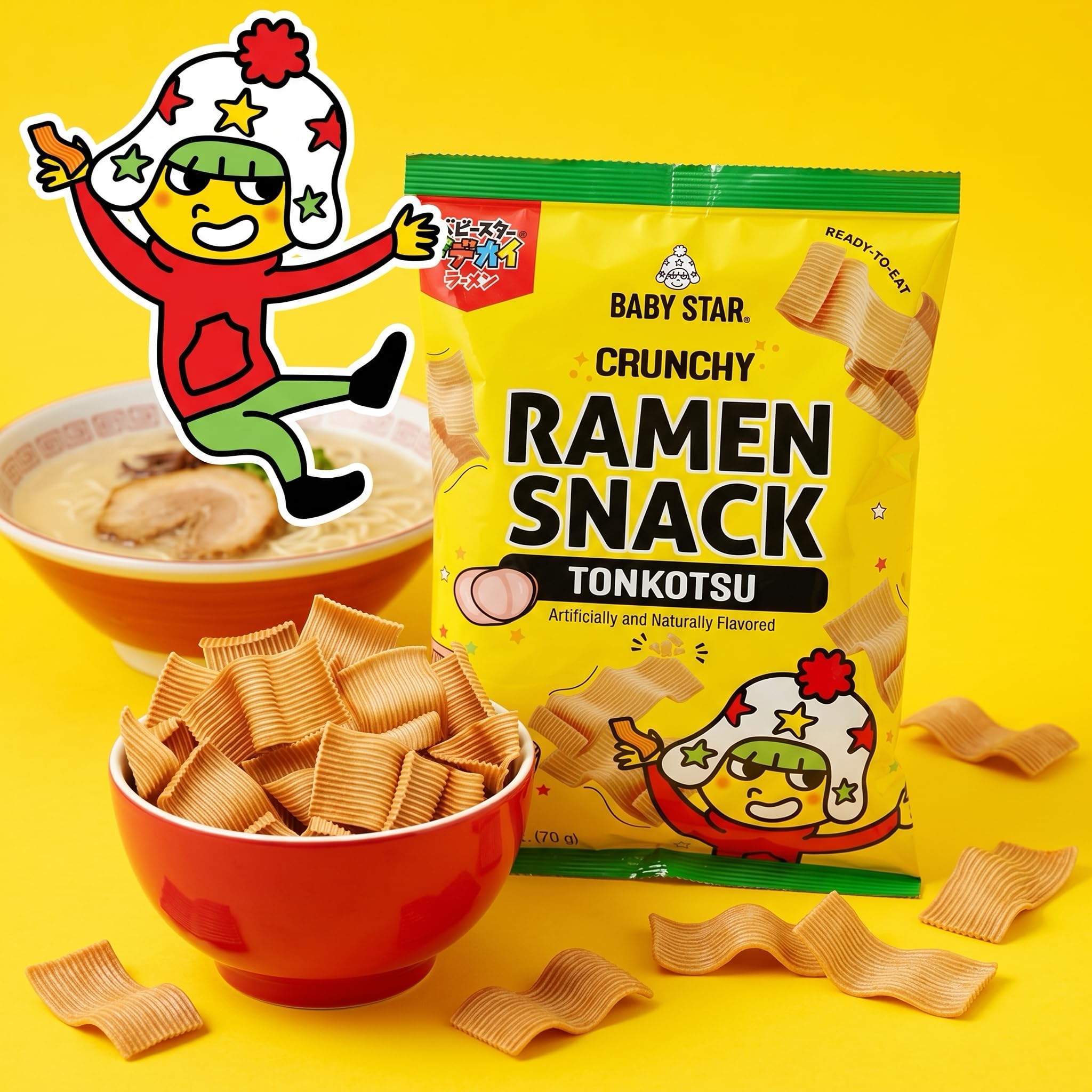 Baby Star Tonkotsu Crunchy Ramen Snack Wide | 69.7 g (6 Pack) | Delicious Dry Ramen Snack Packs