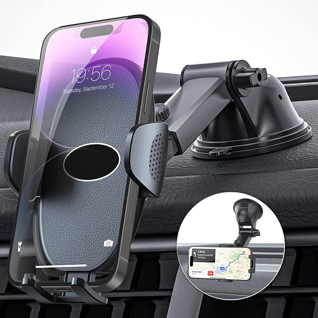 Amazon Brand - Eono Phone Holder for Cars, Dashboard and Windscreen, 360° Rotation Cars Cradle with One Button Release, Washable Strong Suction Cup Compatible with iPhone 14 13 12 11 Samsung Huawei