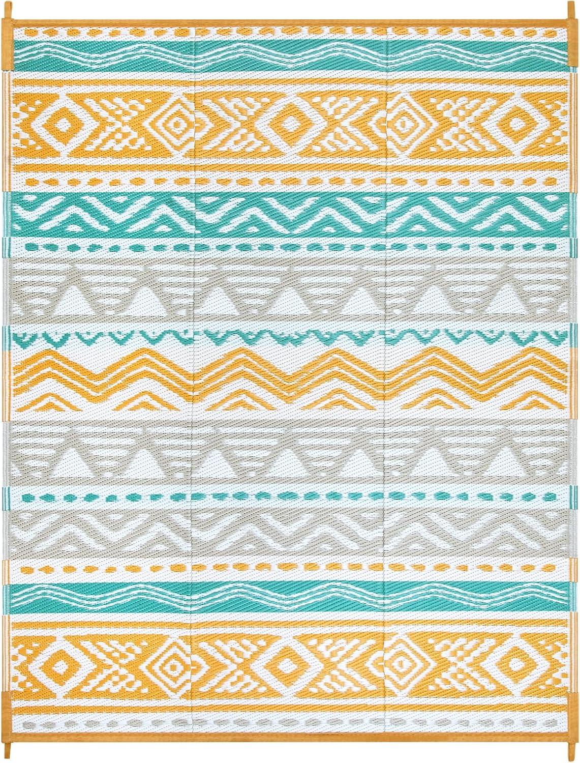 Lahome Outdoor Rugs 8x10 Waterproof, Reversible Outdoor Plastic Straw Rug for Camping Patio, RV Outdoor Rugs Outside, Outdoor Carpet for Porch Deck Backyard Picnic(Blue/Yellow,8'x 10')