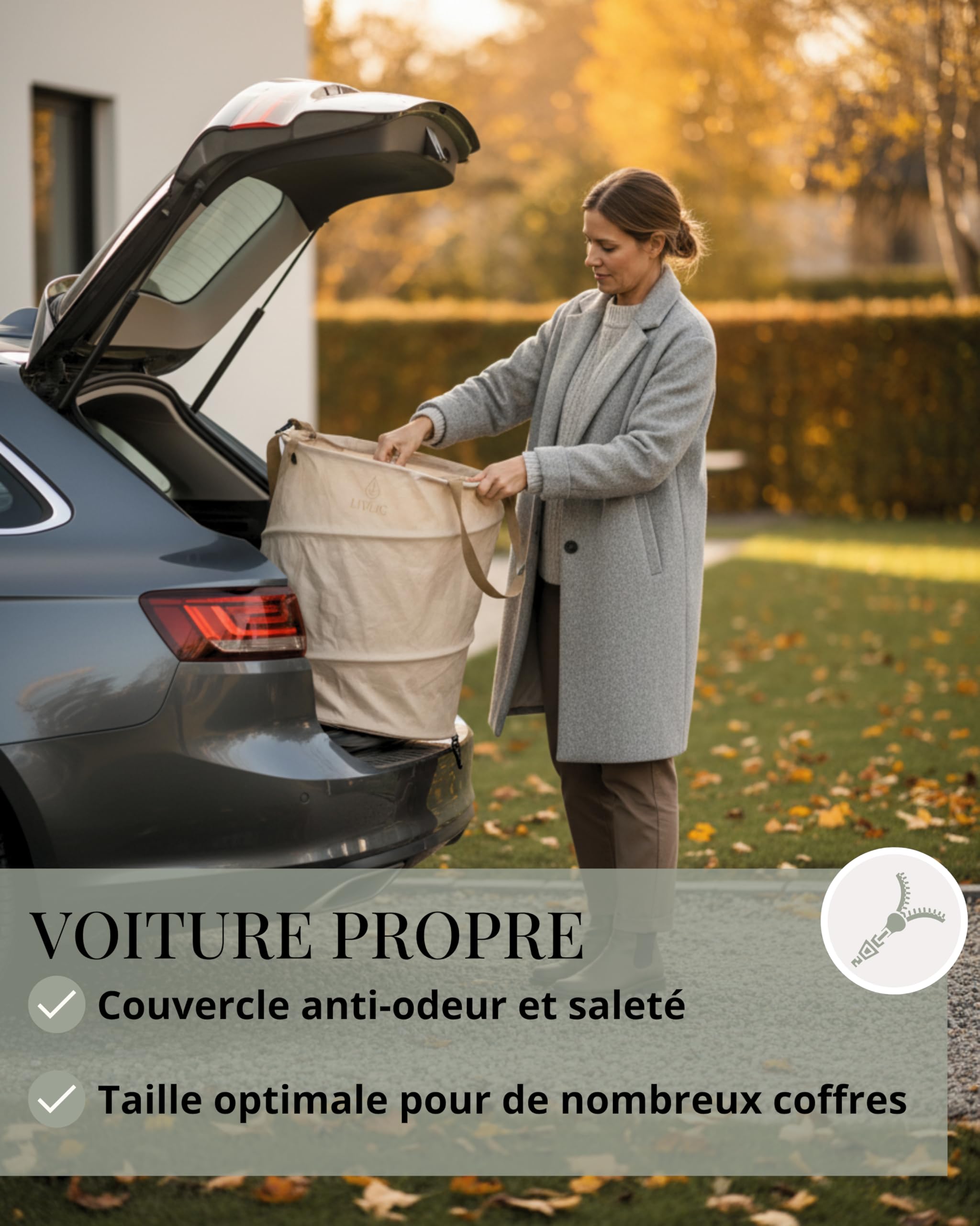 Sac de jardin LIVLIG Pop Up 90L, Sac à déchets de jardin pliable avec couvercle et double fond, Sac à feuilles stable avec couvercle, Sac à feuilles et sac à déchets de jardin Beige, 2 pièces