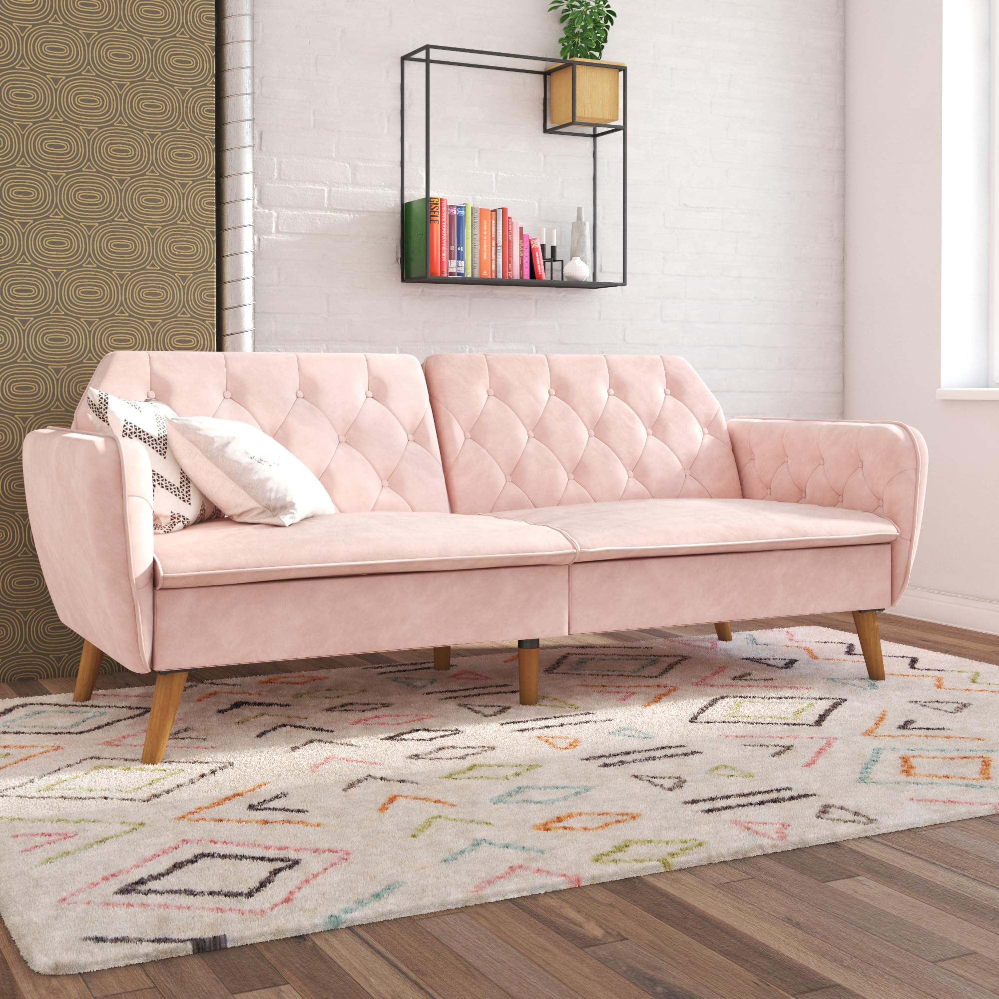 Novogratz Tallulah Memory Foam Futon, Convertible Couch, Pink Velvet