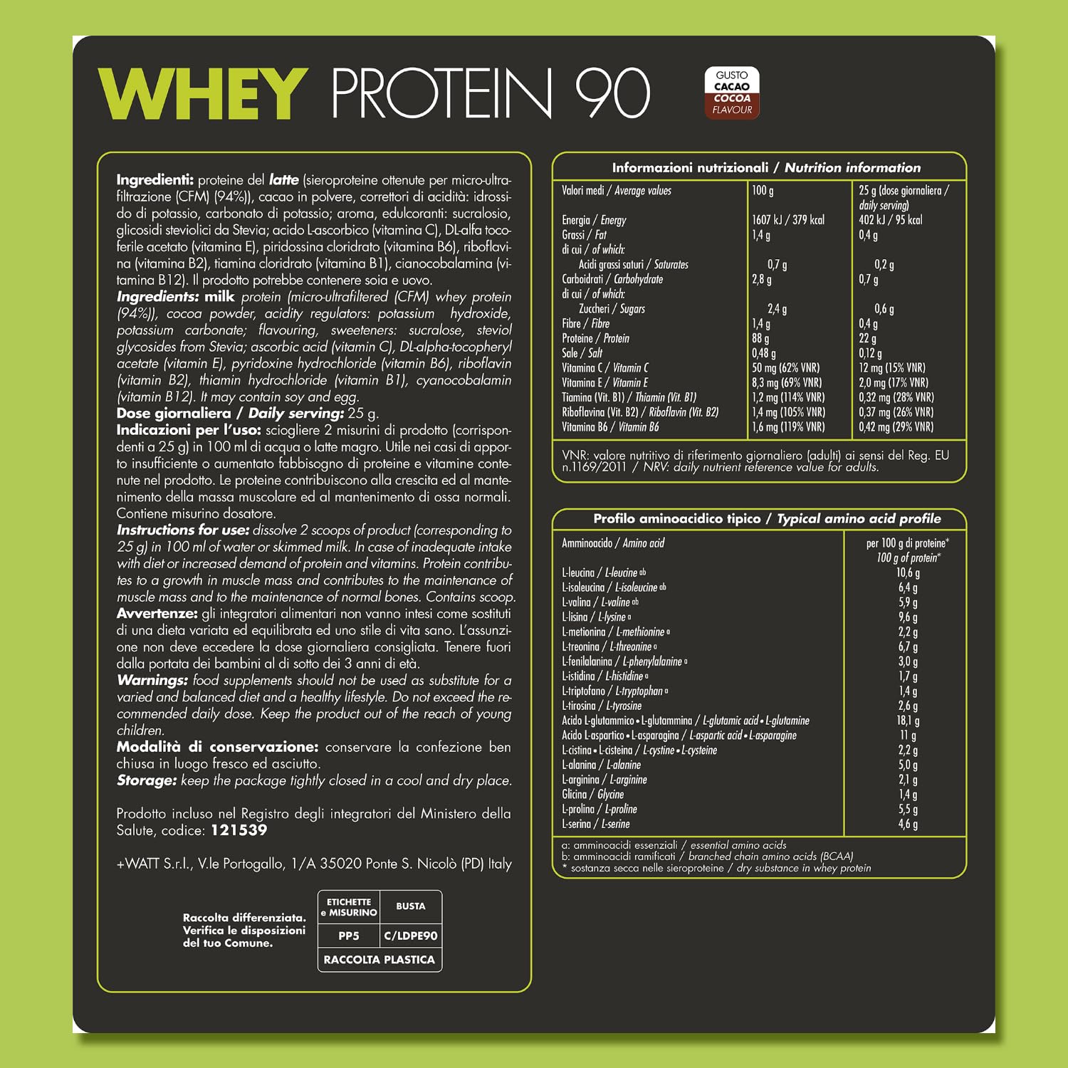 Whey Protein 90 - Proteine del Siero del Latte al 90% - Formato: 750 g Doypack - Gusto: Cacao