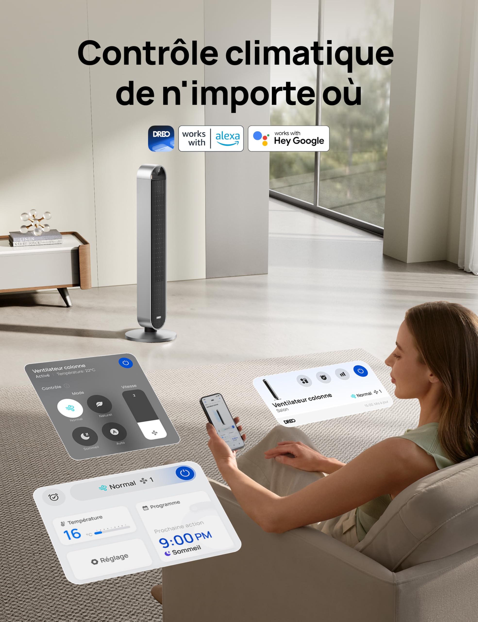 DREO 25dB Pilot Max Smart WiFi Ventilateur colonne avec Commande Vocale, Fonctionne avec Alexa, Contrôle APP, Ventilateur silencieux sans pale avec télécommande, Oscillant à 120°, 4 modes 12 vitesses