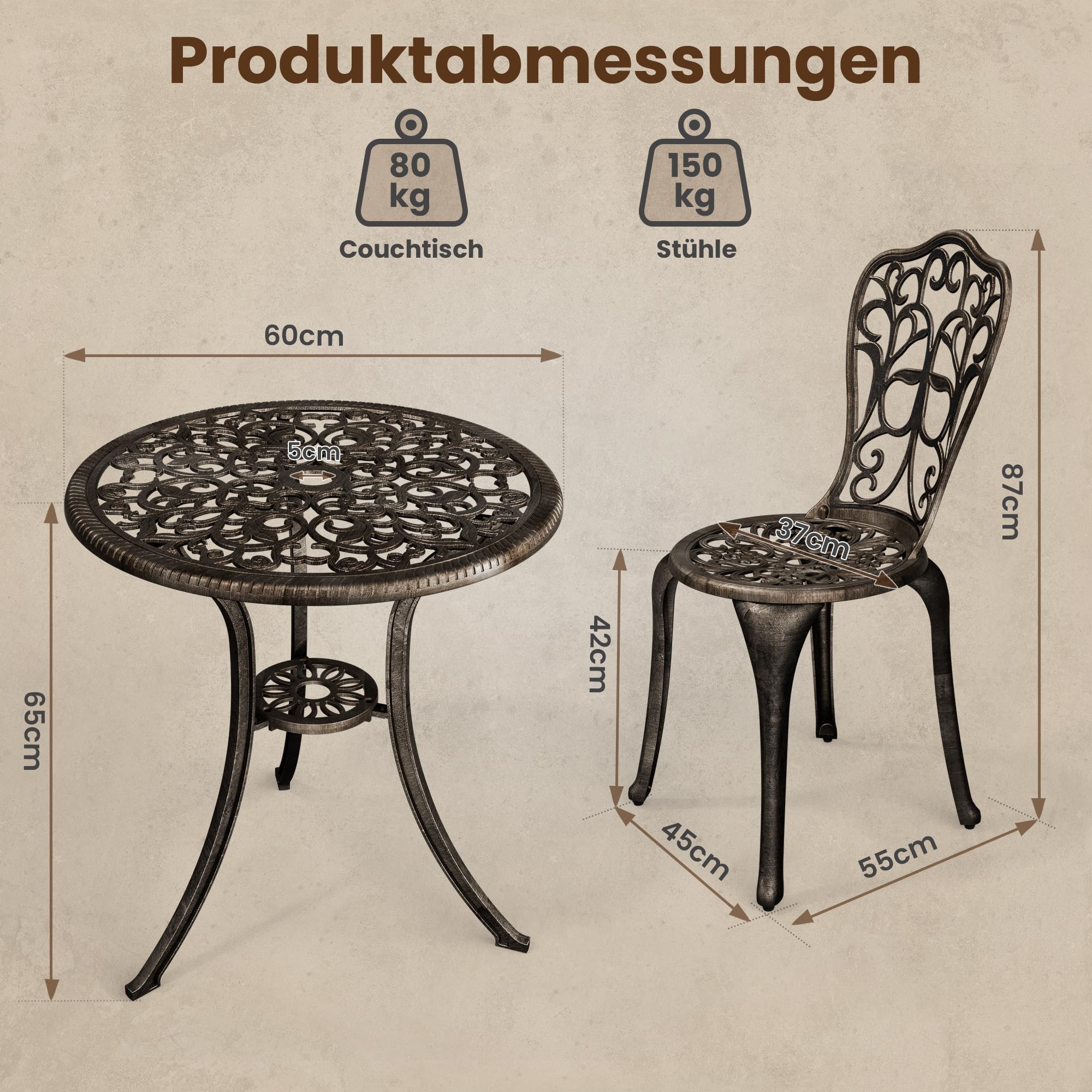 Pamapic Bistro Set 3-teilig, Bistrotisch mit 2 Stühlen & Schirmloch mit Sonnenschirmloch, Aluminium Gartenmöbel Set, Balkonmöbel Set für Terrasse, Veranda, Garten, Bronze