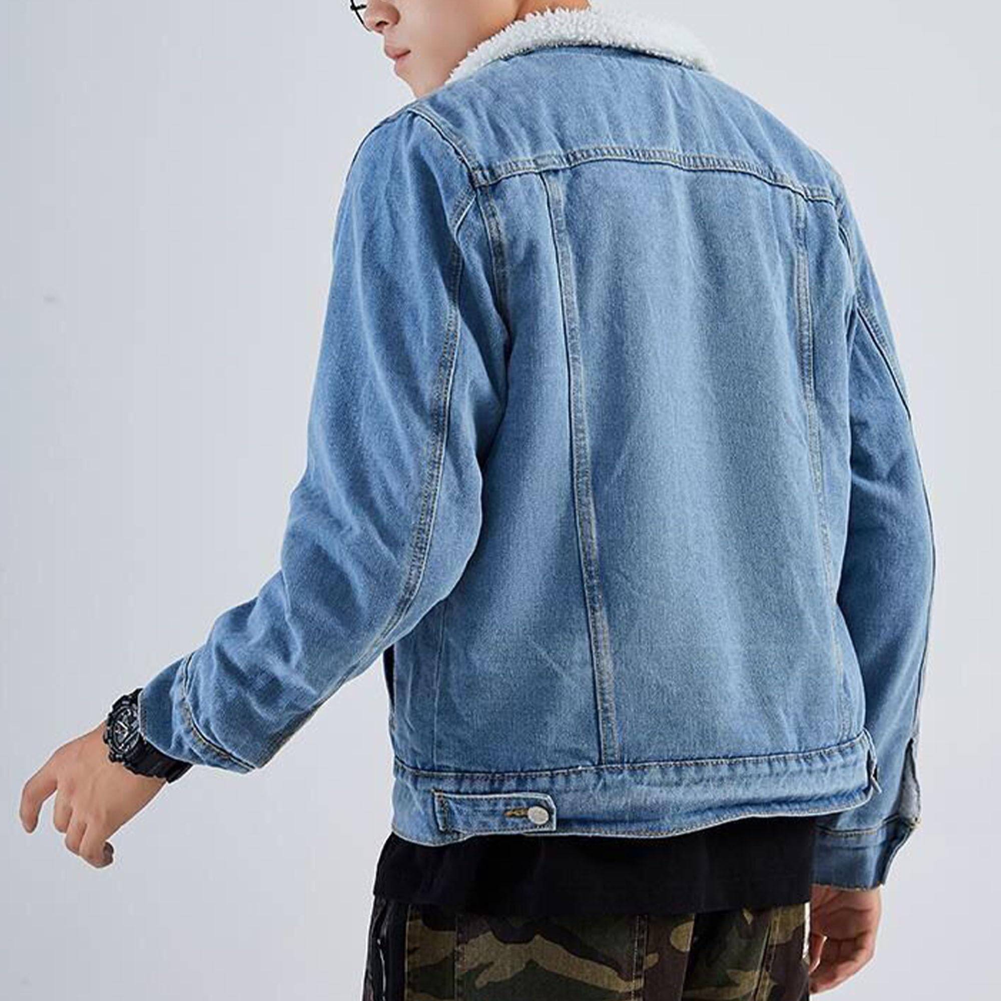 Giacca da camionista foderata in pile Sherpa da uomo in denim | risvolto in pile, bottoni in metallo, giacca lavata completamente foderata con soffice pile sherpa, giacche di jeans calde e