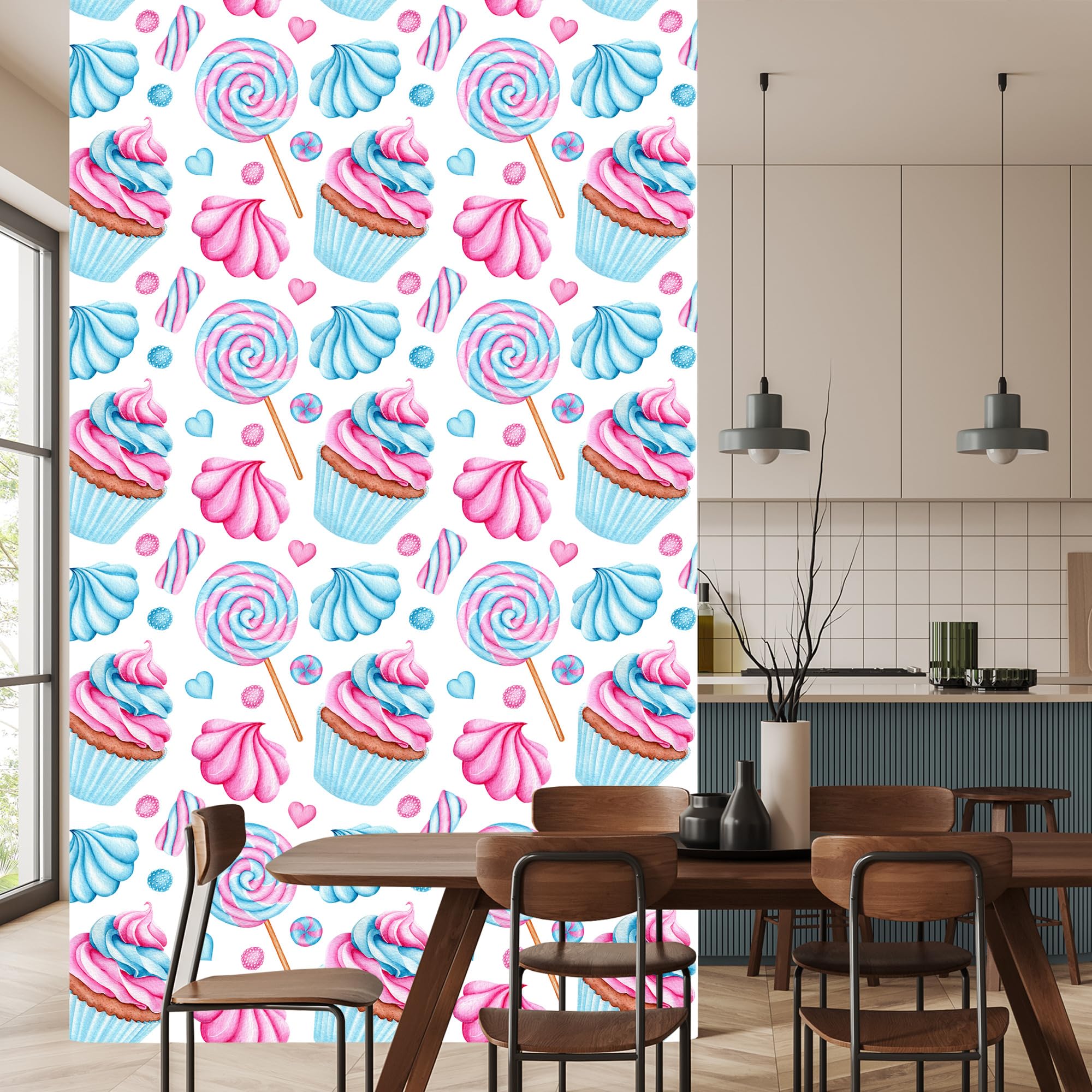 Vliestapete Bunte Cupcakes und Lollis 50 x 1000 cm | Appetitliche Genussdarstellung; Lebendige Küchenkulisse; Frischer Farbakzent; Kleister im Set