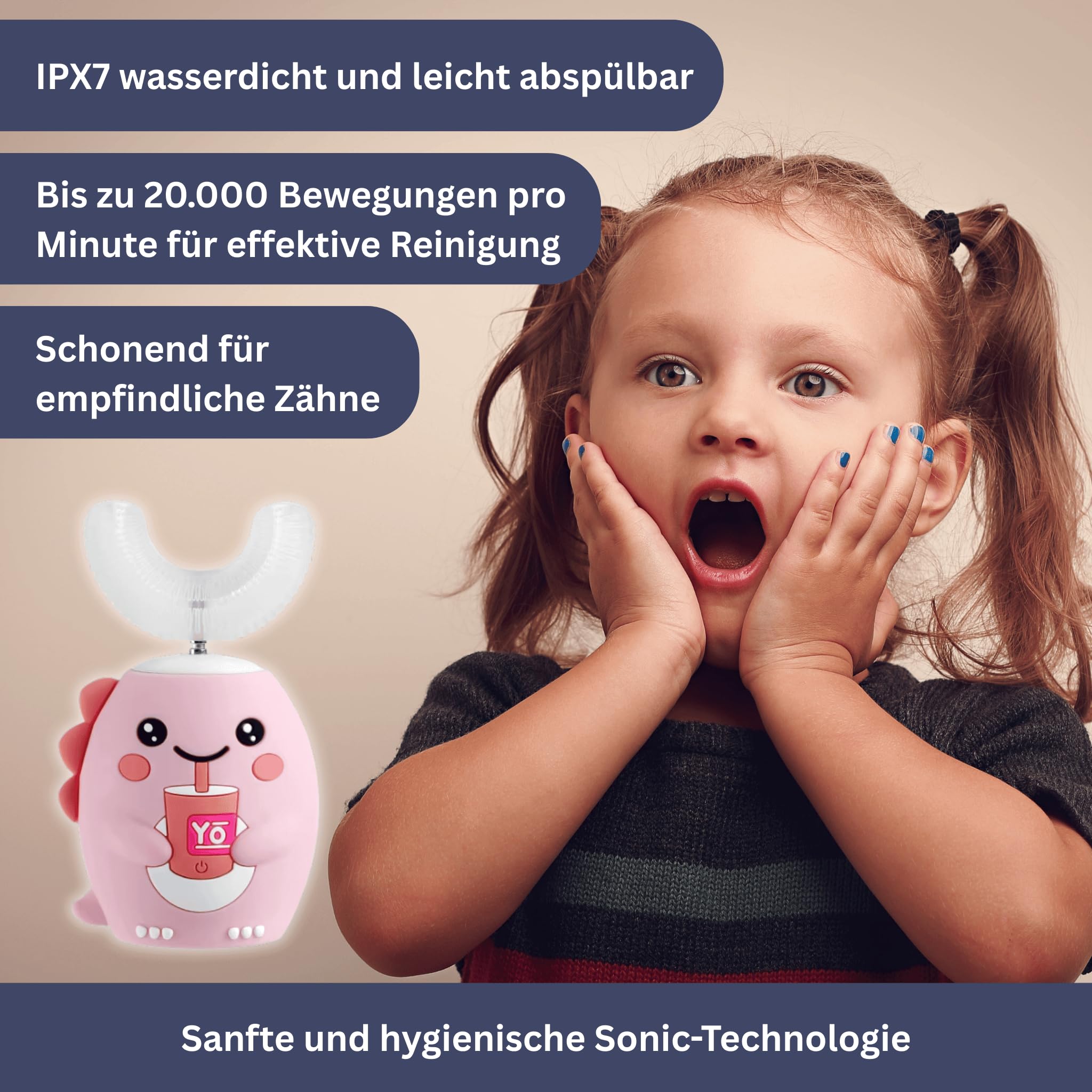 GesundPur HappyZahn 360 – Smarte Rundum-Zahnpflege für Kinder Ultraschallzahnbürste für Kinder mit U-förmigen Silikonbürstenköpfen und LED-Beleuchtung – Ideal für Jungen und Mädchen
