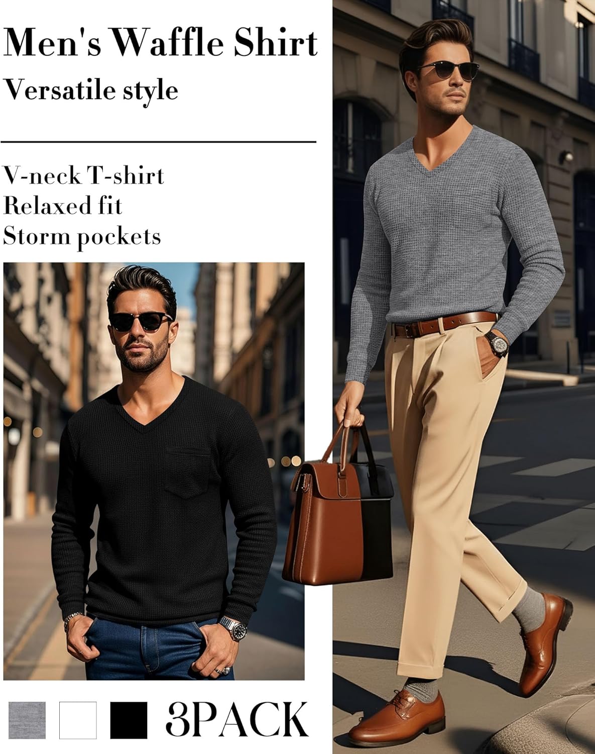 Neer 3 Pack Mens Big and Tall Waffle Shirts Long Sleeve V Neck Pullover Underwear Tops Basic Undershirts with Pocket - Image 2