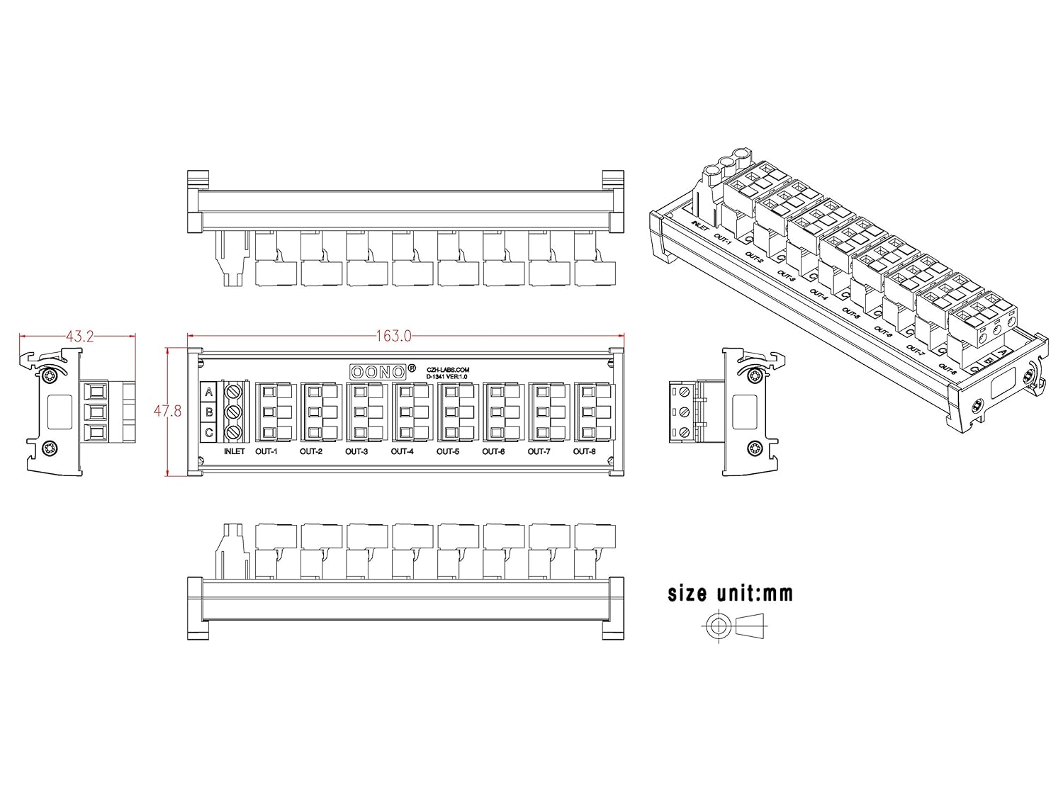 Dimensional drawing of the OONO DIN Rail Mount Terminal Block