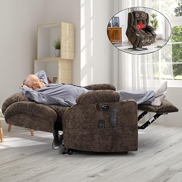 ABCASA Large Dual Motor Lay Flat Power Lift Recliners Chair for Elderly with Heat & Massage, Comfortable Chenille Recliner, USB-A & C, Cup Holder, Side Pocket, Brown