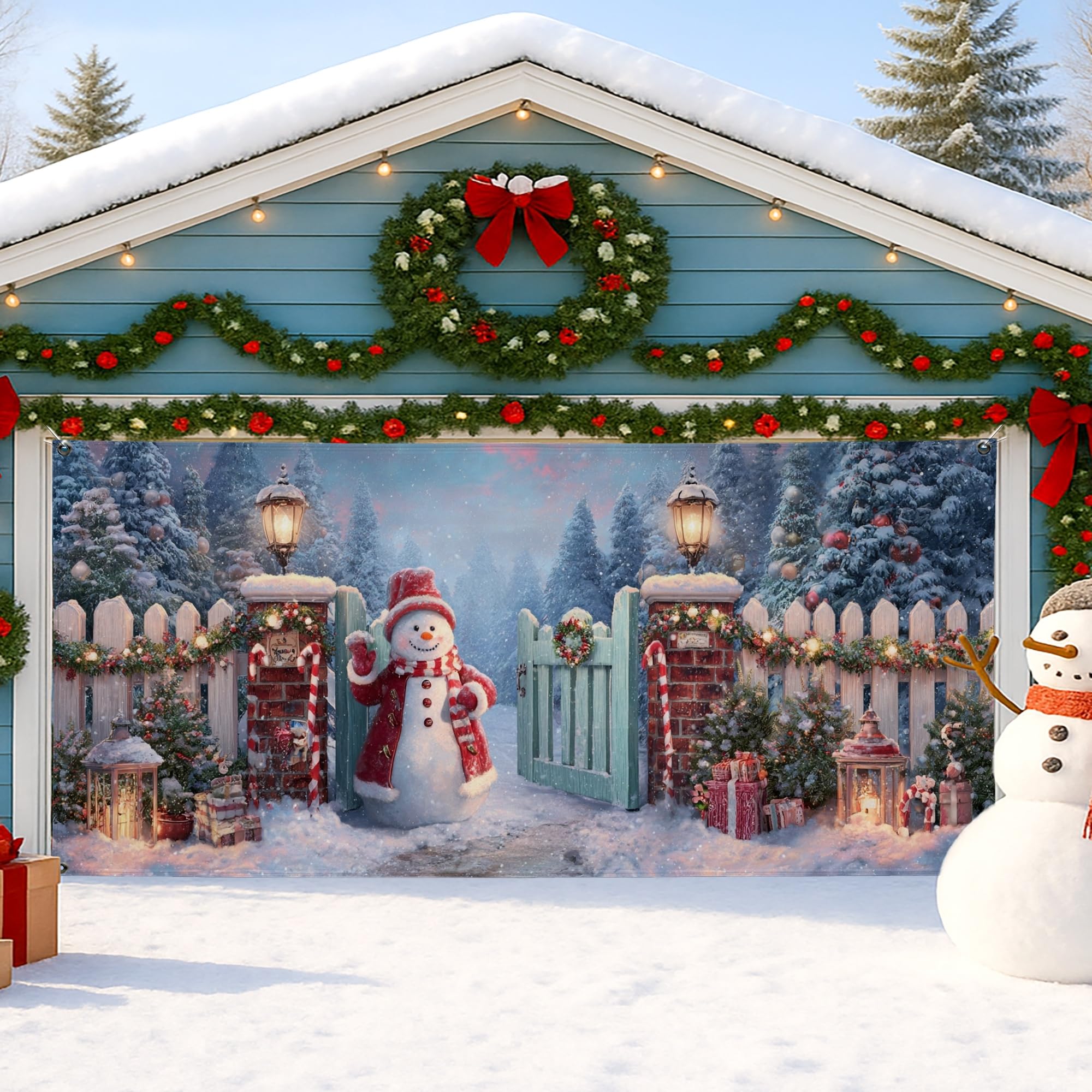 Housse de porte de garage d'hiver bonhomme de neige Noël rouge 397x180 cm