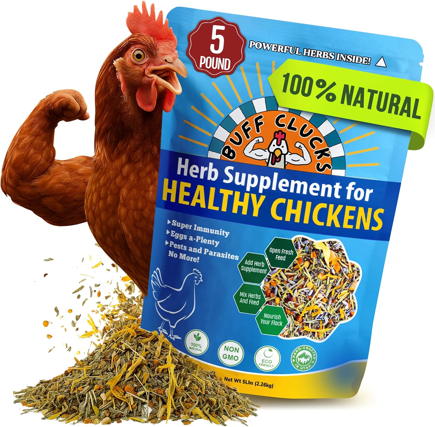 Herb Supplement for Backyard Chickens - Natural Chicken Treats, Poultry Feed Botanical Mix, Plant-Based Coop Snacks for Daily Wellness, Feather Quality, Egg Production, USA (5 LB)