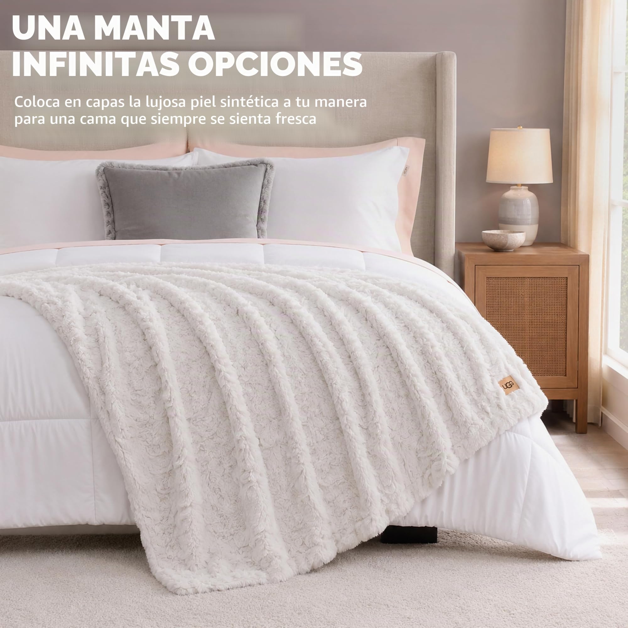 UGG Adalee 10483 - Manta Reversible de Piel sintética Suave, Lujosa, acogedora, esponjosa, mullida, Estilo Hotel, decoración del hogar, Suave, Lujosa y cómoda para sofá, 70 x 50 Pulgadas, Natural