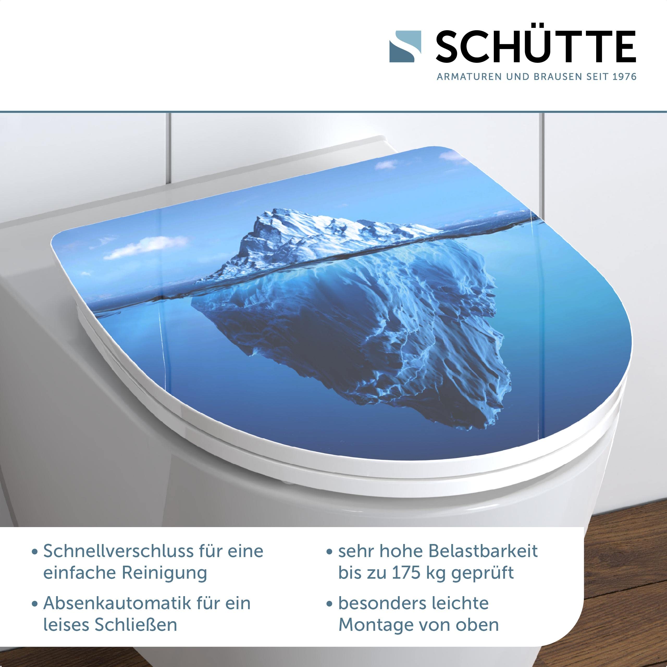 SCHÜTTE WC-Sitz ICEBERG mit Absenkautomatik und Schnellverschluss aus Duroplast, Toilettendeckel mit 175kg Belastbarkeit, Toilettensitz mit Brille, Klodeckel für WC, Klobrille mit Motiv