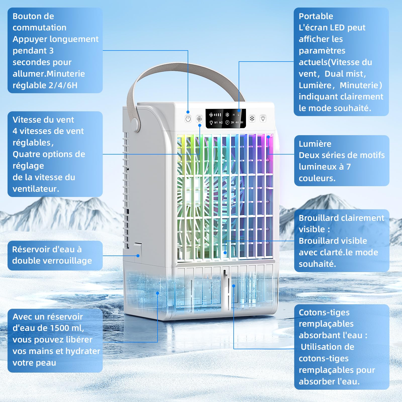 Climatiseur portable, mode atomisation, mini ventilateur à 4 vitesses, ventilateur de refroidissement programmable,lanternes RGB, convient aux chambres et aux bureaux - blanc pur