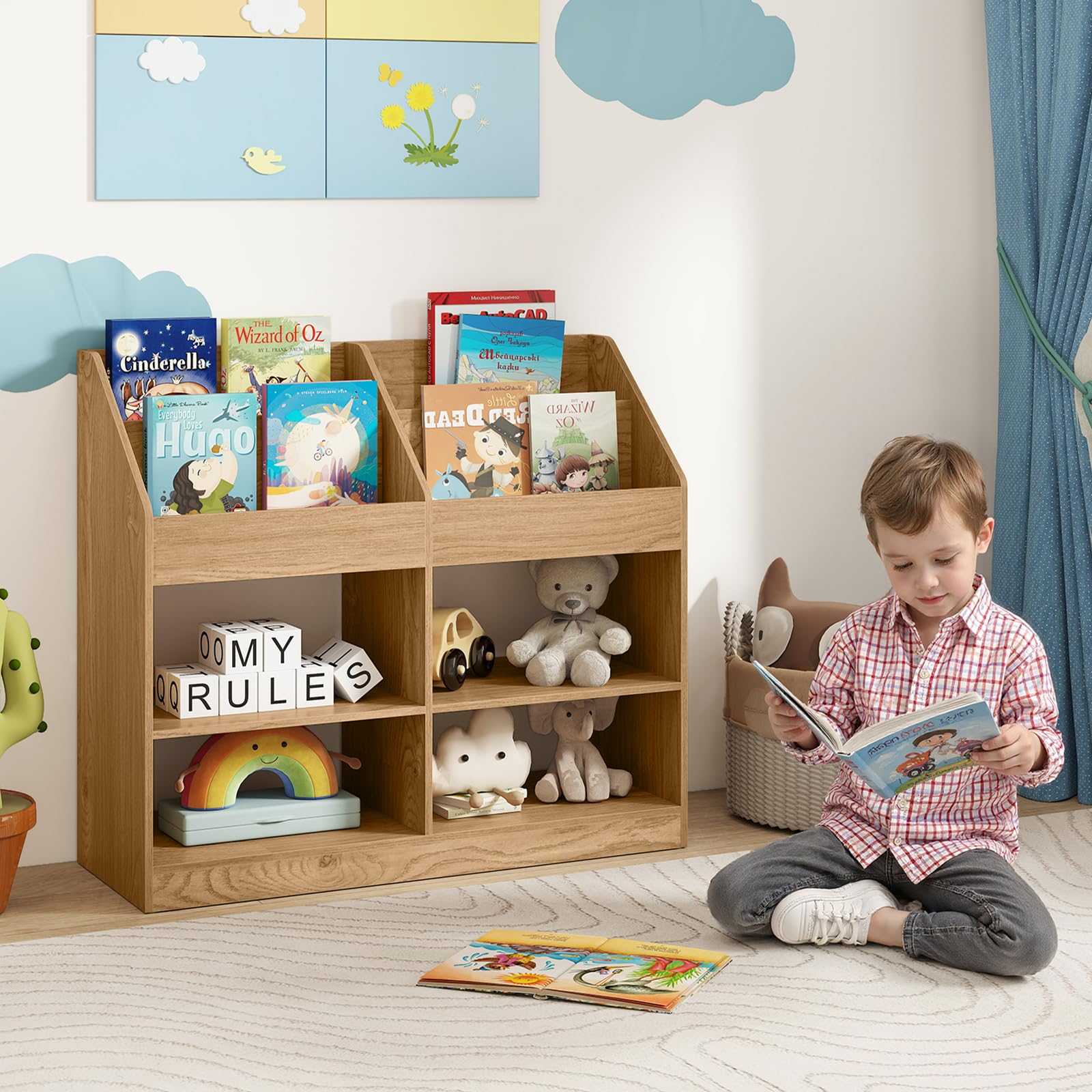 COSTWAY Libreria Montessoriana Porta Libri per Bambini, Scaffale Multifunzione con 4 Cubi e 4 Scomparti, Anti-ribaltamento, Salvaspazio per Cameretta e Stanza dei Giochi, 90x34x80 cm (Naturale)