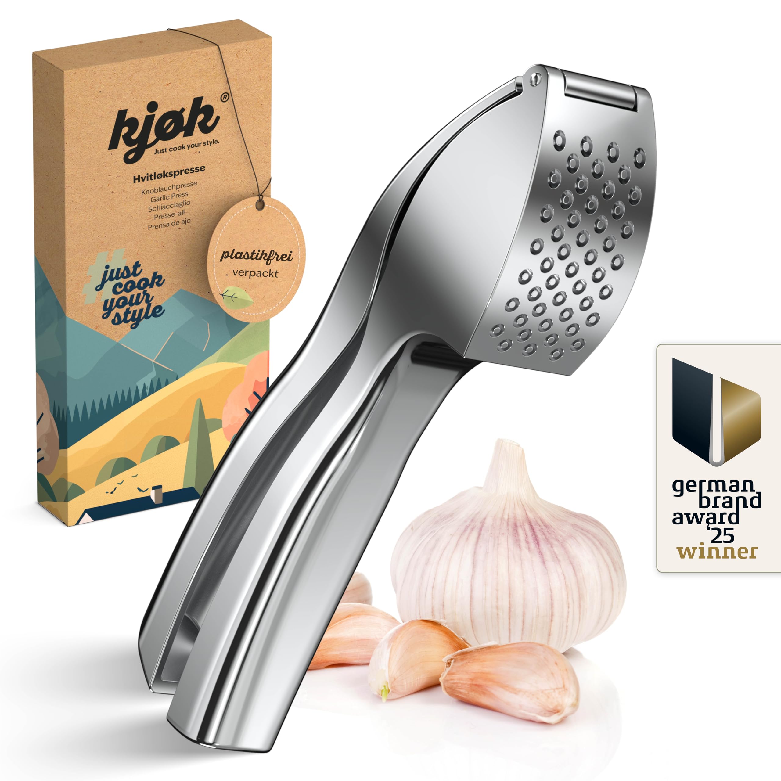 kjøk Premium Knoblauchpresse - Zinklegierung in Chrom glänzend - profi Knoblauch Presse spülmaschinenfest praktische & stylische Knobipresse - garlic pro press leicht zu reinigen - Muttertagsgeschenk