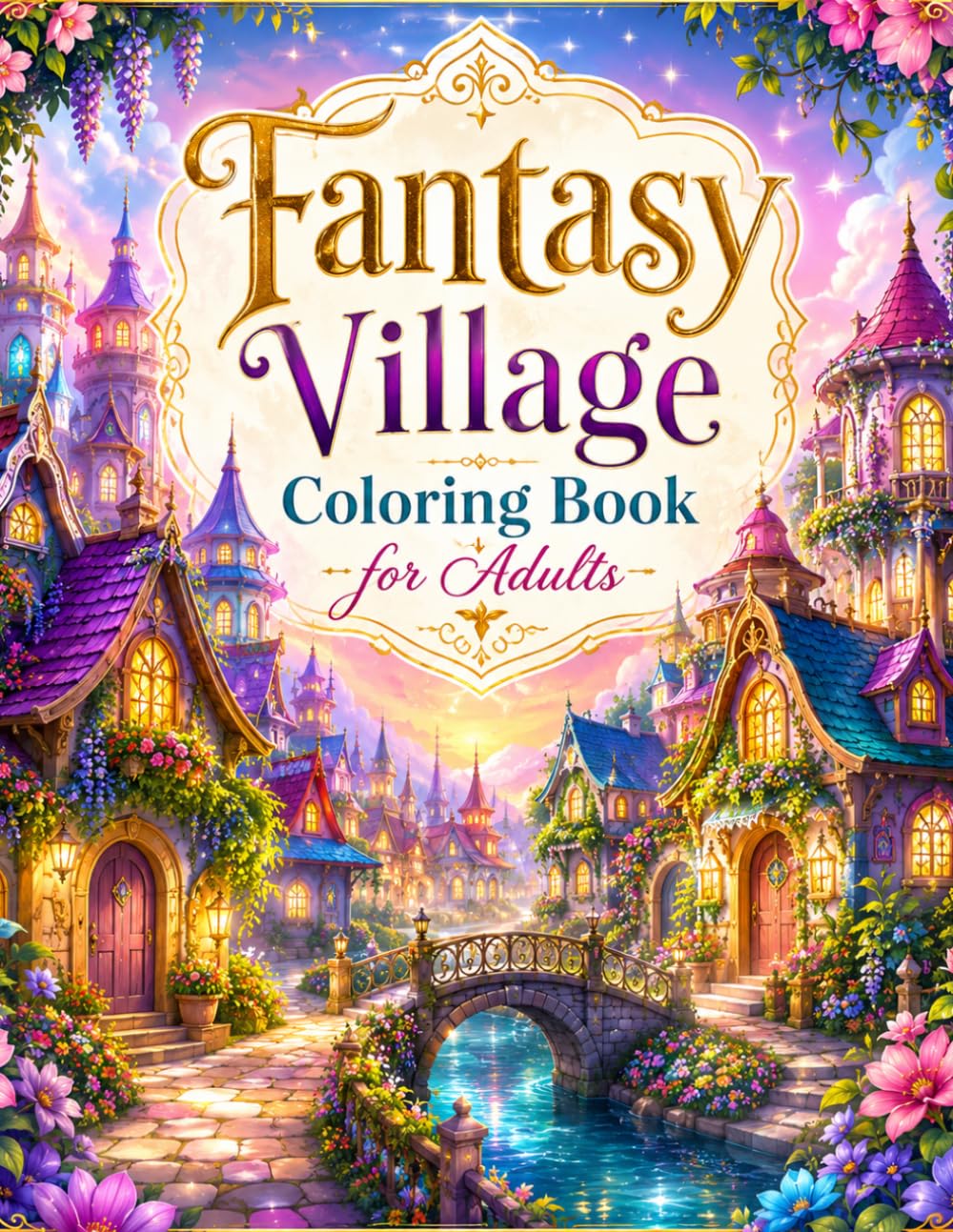 Fantasy Village Coloring Book for Adults: Whimsical Fairy Cottages, Mushroom Houses & Enchanted Forest Towns for Relaxation and Stress Relief