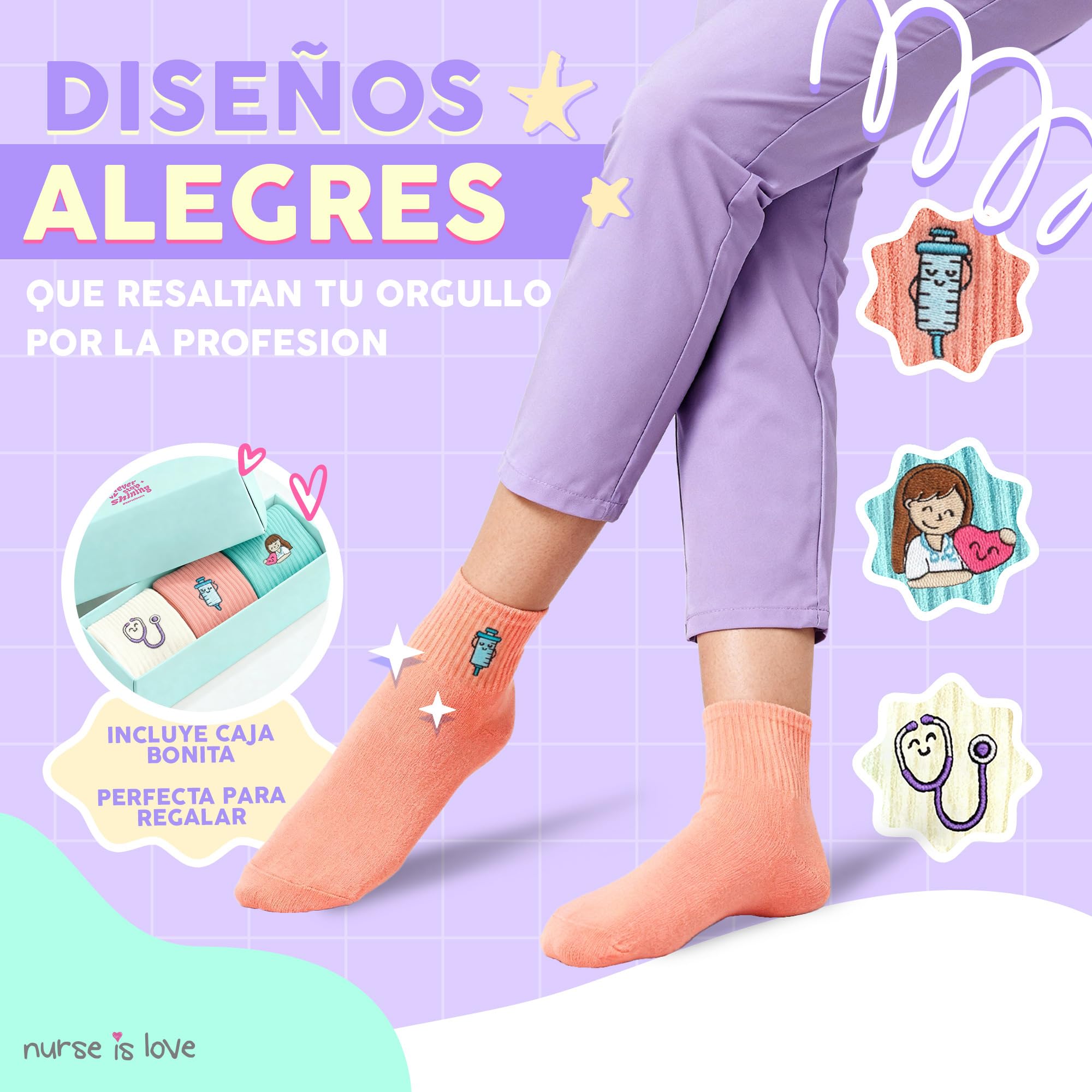 Nurse is Love Set de 3 pcs. Calcetines Mujer Divertidos para Enfermeras de Ideal para TCAE, Medicos, Vet | Ajusta Con Zuecos Sanitarios Mujer | Regalos Originales | Accesorios Enfermeria - NEUTRAL