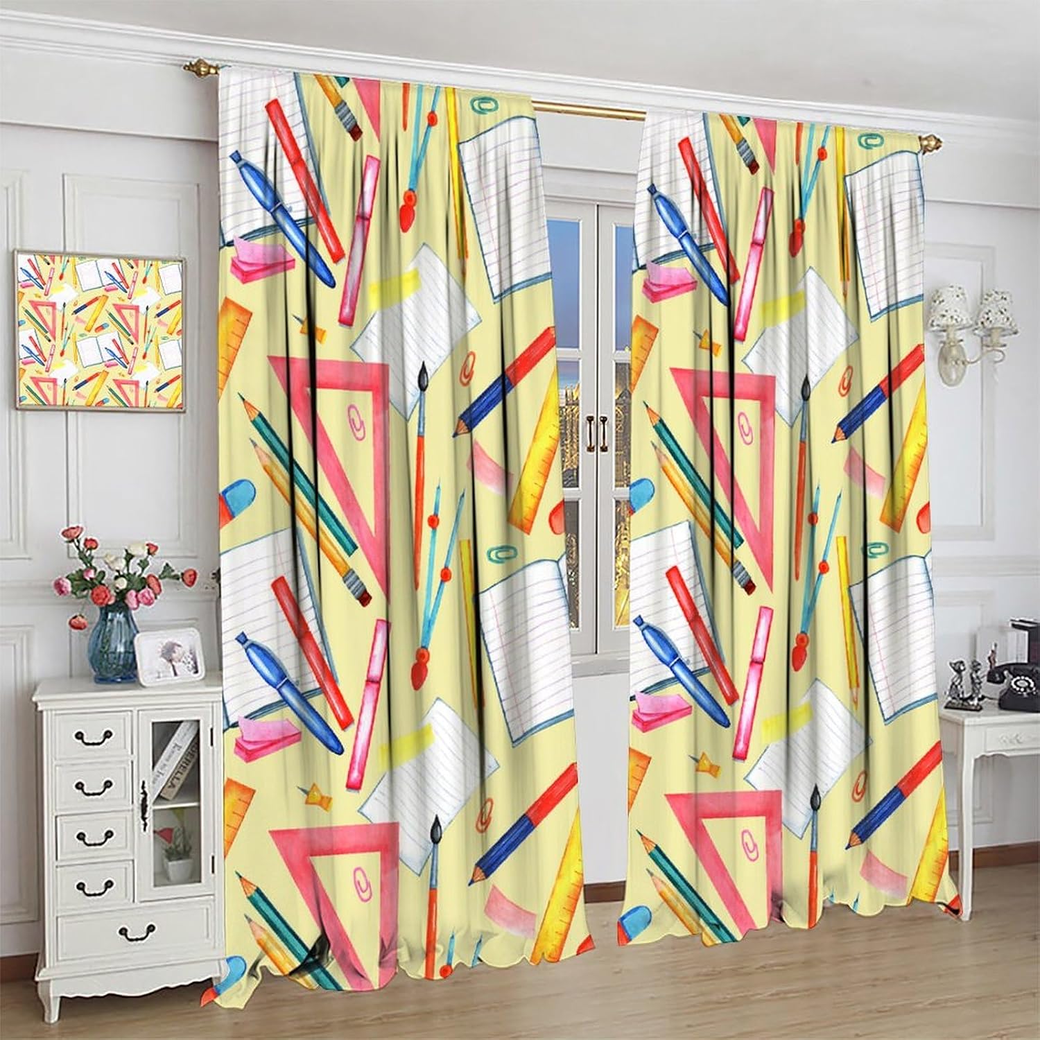 Crayon Curtains Colorful Pencil Ruler Book Pattern for Kids Room Decoration Blackout Print Rod Pocket Window Drapes for Bedroom Living Room 63x63in
