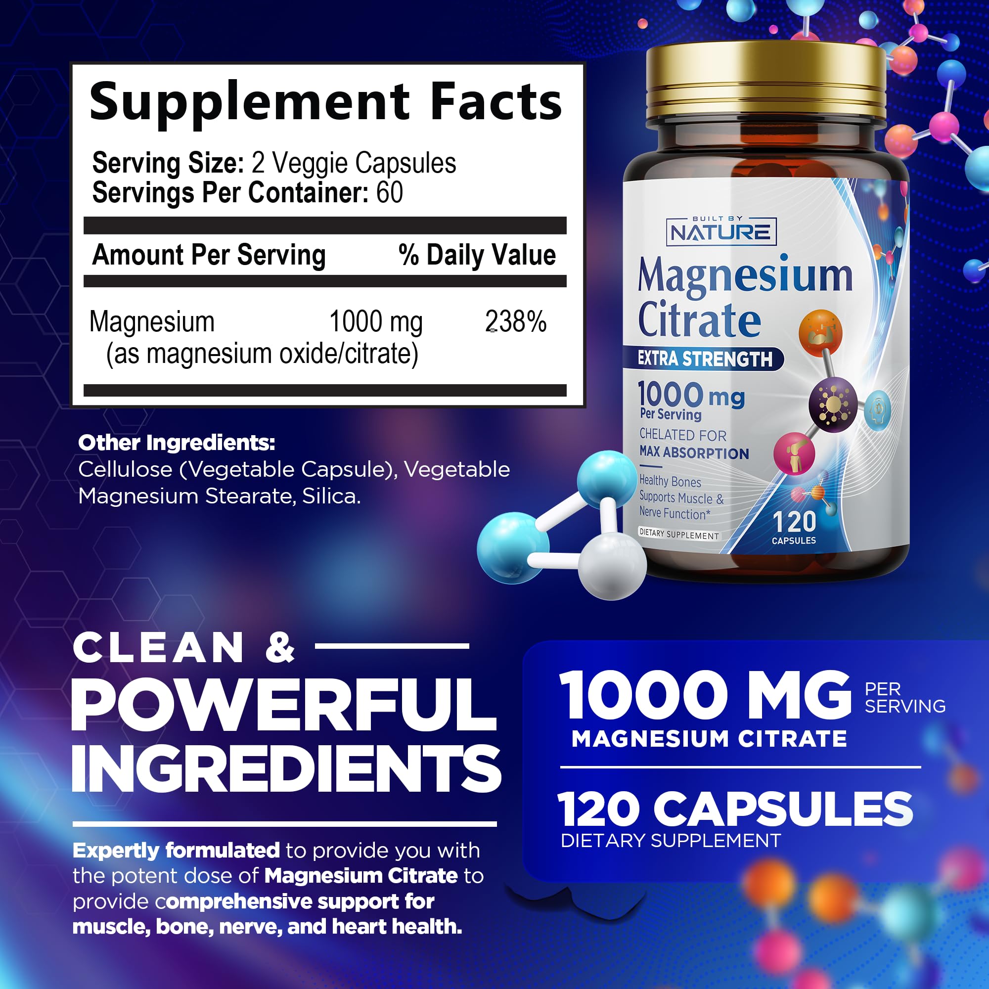 Magnesium Citrate 1000mg - Max Absorption & High Potency Magnesium Complex Supplement for Heart, Muscle, Nerve, Bone Health & Stress Relief - Non-GMO, Gluten-Free - 120 Vegan Capsules