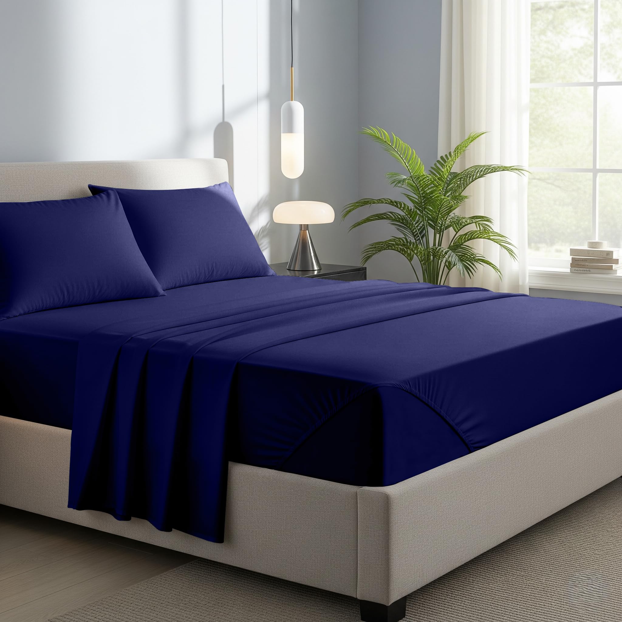 Novexa 100% Egyptian Cotton Small Double Fitted Sheets 400 Thread Count 40cm Deep Bed Sheet Luxury Ultra Soft Bottom Navy Blue Fitted Bedsheets โ image 1