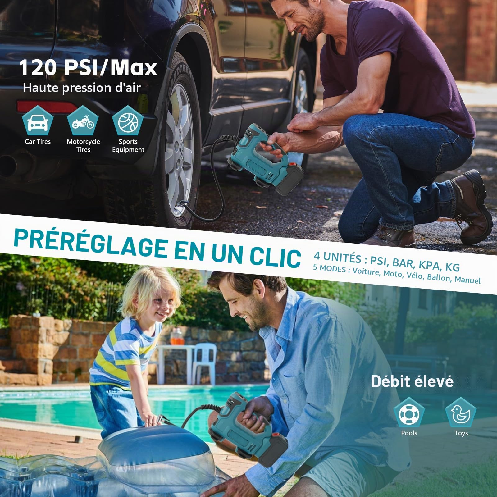 Compresseur à Air Portatif Compatible avec Makita 18V Batterie, 120 PSI Gonfleur Pneus Voiture avec Arrêt Automatique & LED Puissante, pour Voitures,Vélos et Ballons (sans batterie) (MT Bleu)
