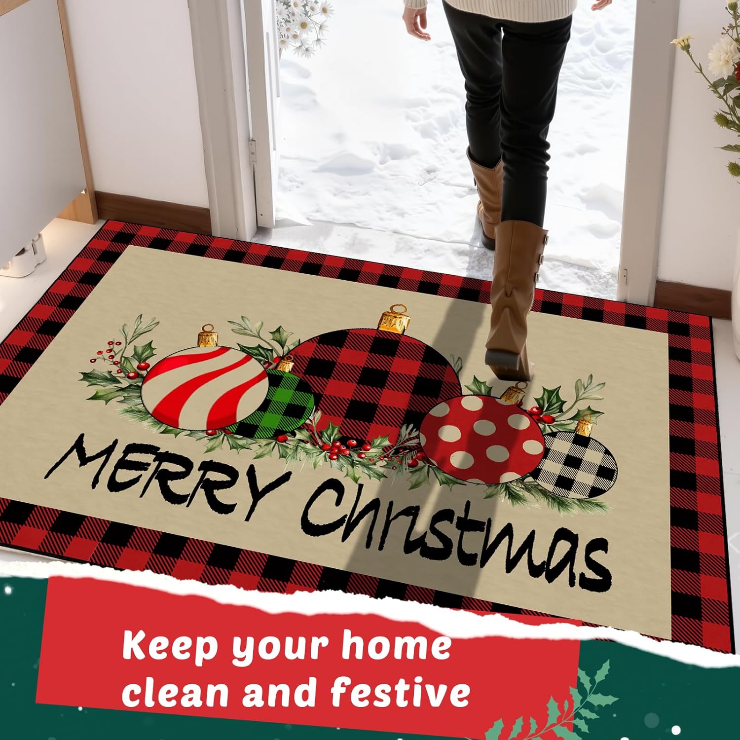 Svepndic 32"x47" Merry Christmas Door Mat Non Slip Welcome Doormat,Winter Xmas Holiday Floor Mat Washable Low Profile Entrance Doormat for Kitchen Indoor Outdoor Christmas Decor