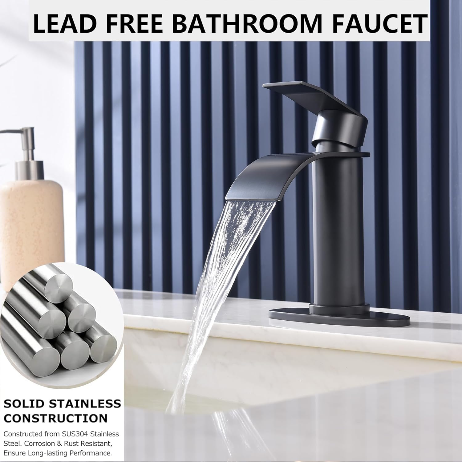 Black Waterfall Bathroom Faucet Single Hole, Matte Black Single Handle Bathroom Sink Faucet with Pop Up Drain and Supply Hose, Black Bathroom Faucet for Sink 1 Hole,SL5002BK - Image 2